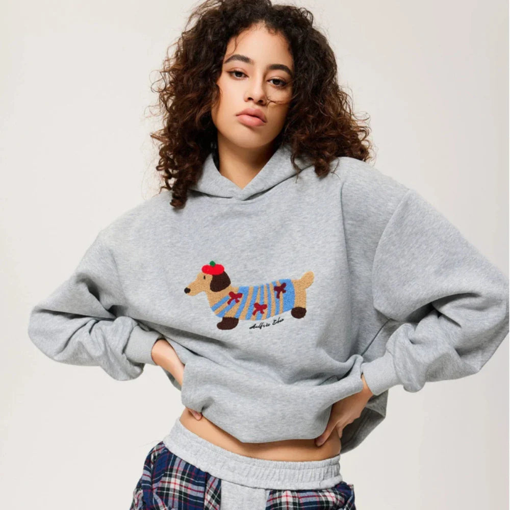 Warme Katoenmix Hoodie met Geborduurde Teckel voor Herfstcomfort