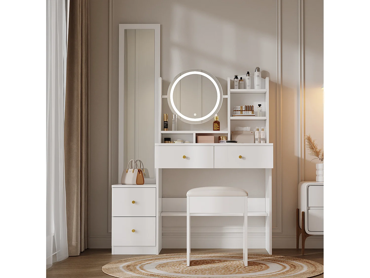 Ensemble de coiffeuse avec miroir LED, miroir long et tabouret, 4 tiroirs et 2 étagères, blanc 164x39x109 cm
