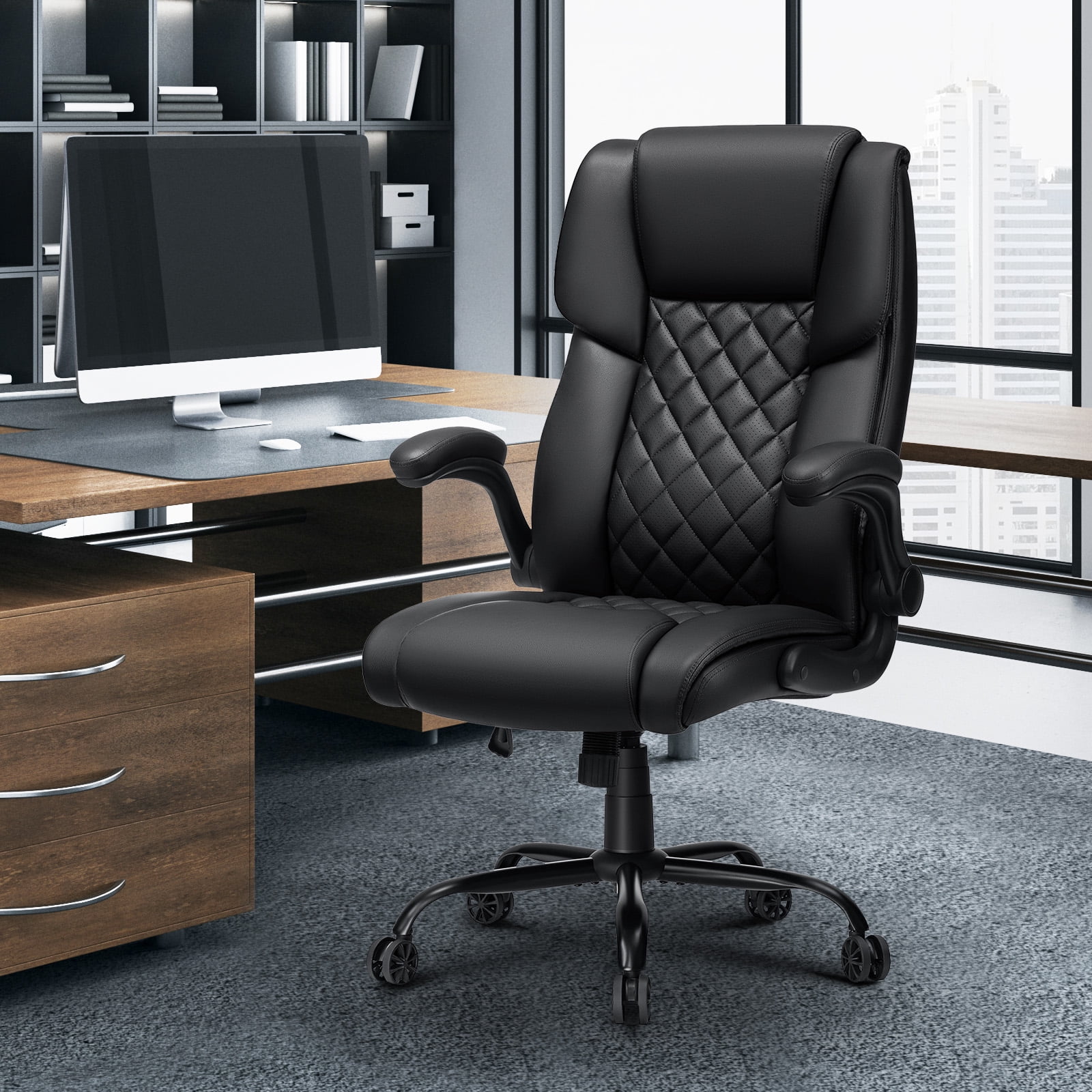 Hoffree Big and Tall Office Chair, 500lbs Executive Desk Chair with Adjustable Lumbar Support Ergonomic Computer Leather Chair with Padded Flip-up Arms for Home Office