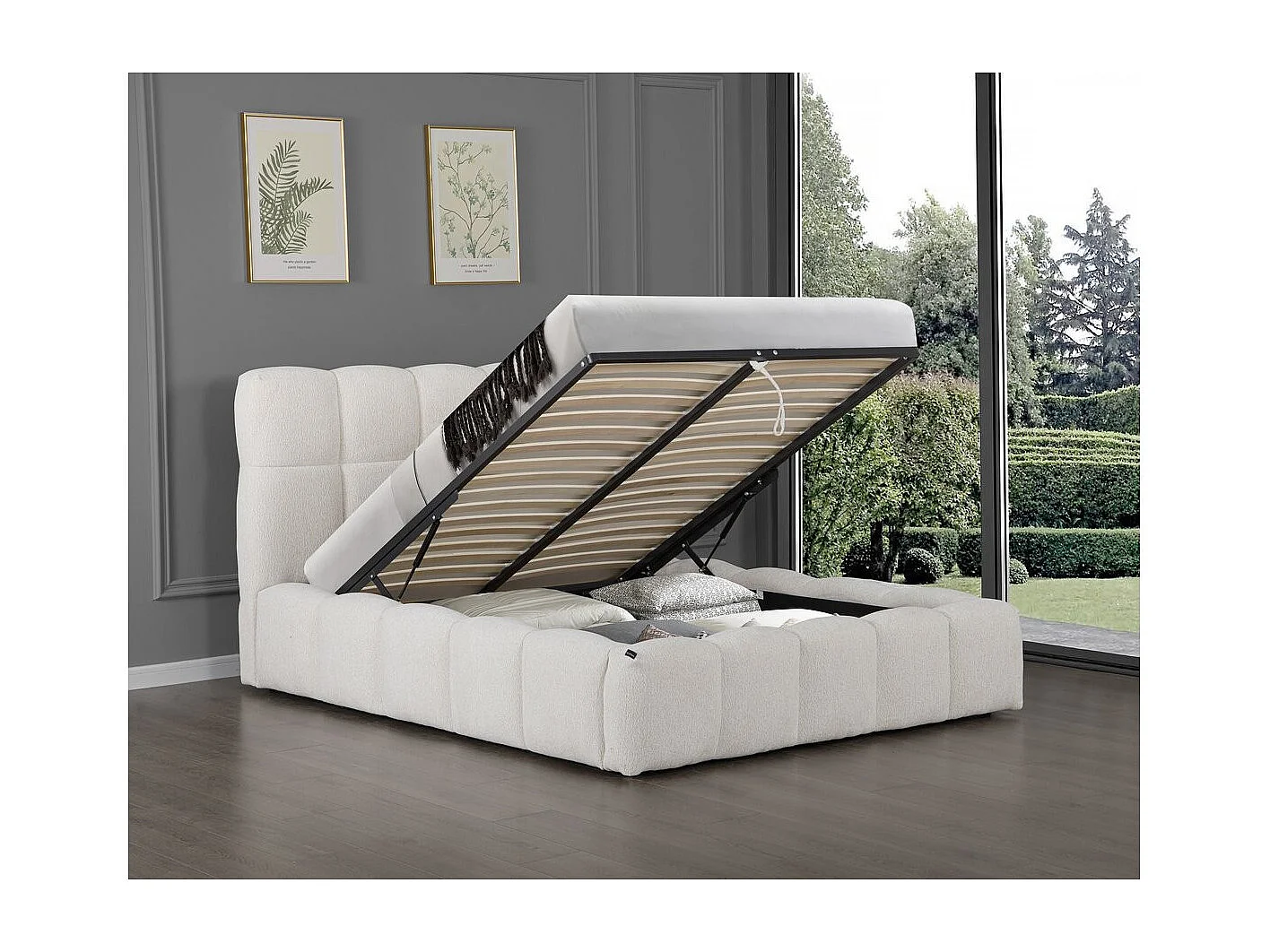 Lit double en tissu avec coffre 
