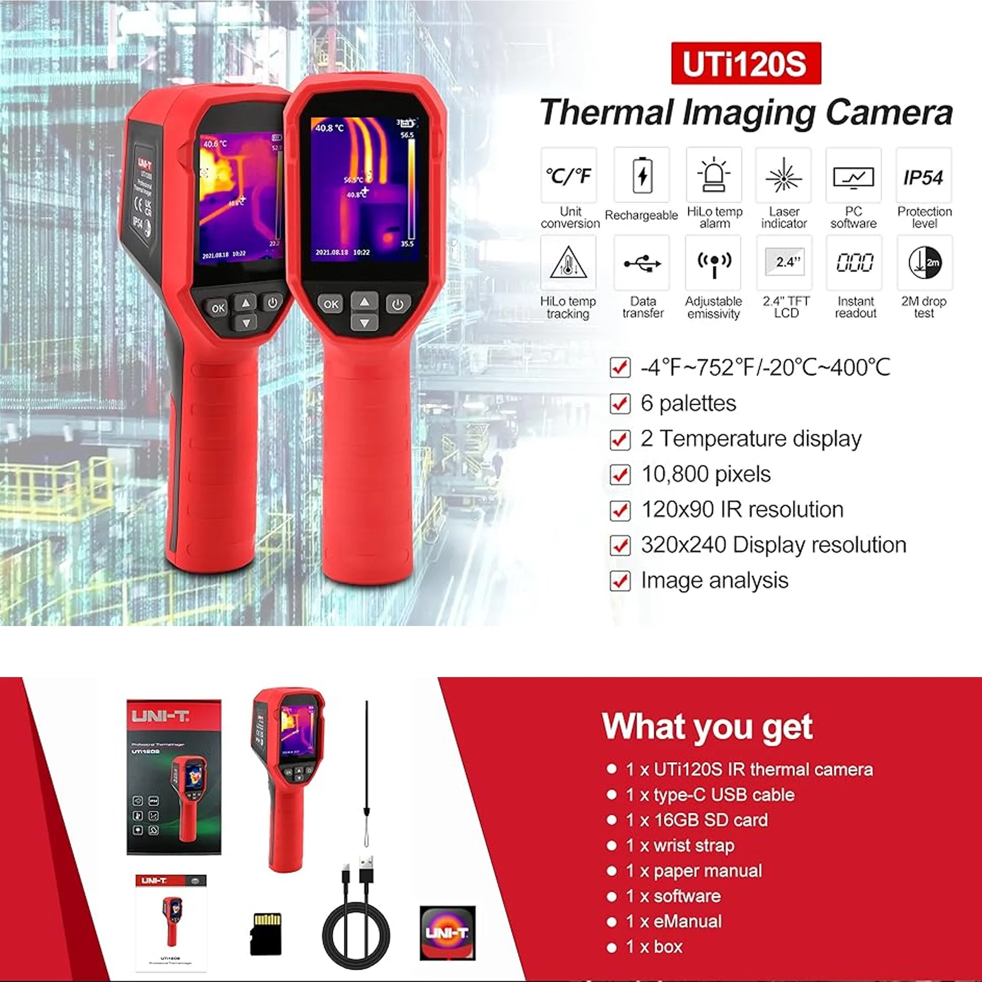 UNI-T UTI120S Thermal Imaging Camera 120x90 IR Resolution 10800 Pixels -20~400�� 2 Meter Drop Durability IP54 Rechargeable 16GB MicroSD - Image 12