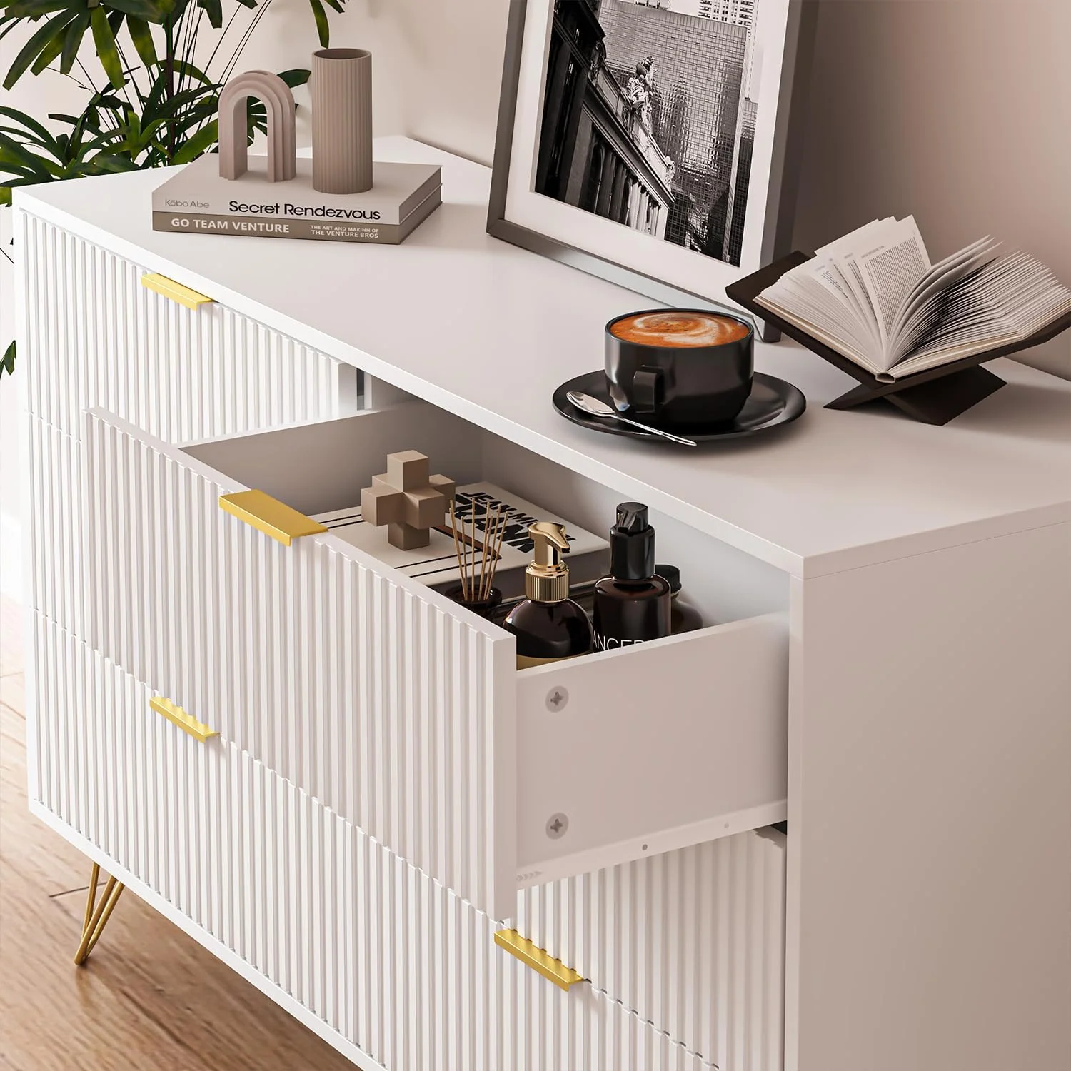 FURNIWAY White 6 Drawer Dresser for Bedroom, Modern Dresser with Gold Metal Handles,Fluted Wood TV Stand for Living Room, Hallway