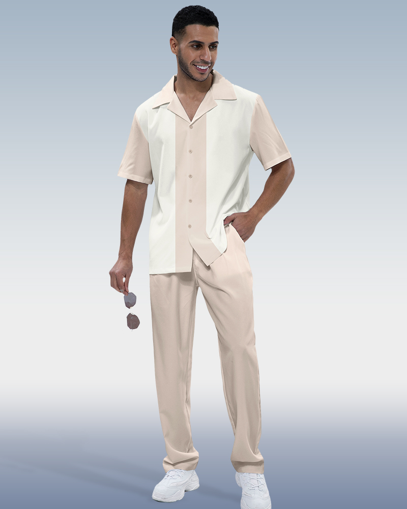 Suitmens Men's Casual Color Block Short Sleeve Walking Suit