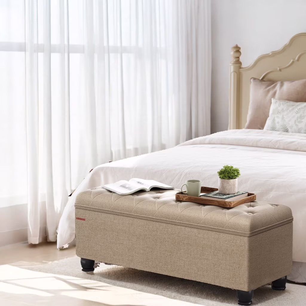 SONGMICS 46.5" Storage Ottoman Bench Storage Bench Bedroom Bench 330lb Load Capacity Solid Wood Legs Light Gray - Image 15