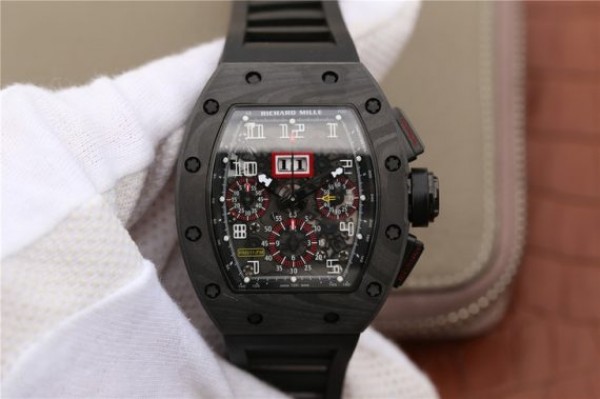 Replica Richard Mille RM011 NTPT Carbon Case Chronograph KVF Crystal Skeleton Dial Red Black Rubber Strap A7750 - Top club