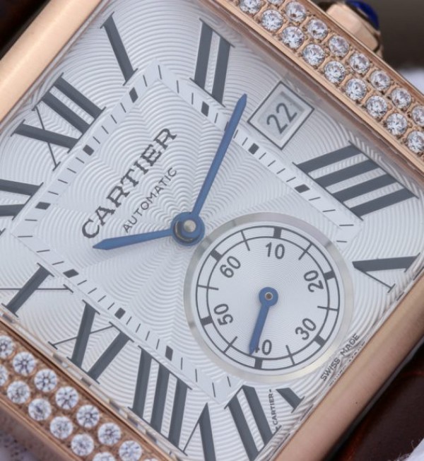 Replica Cartier Tank MC RG White Textured Dial Diamonds Bezel Leather Strap - Elite Watch Atelier