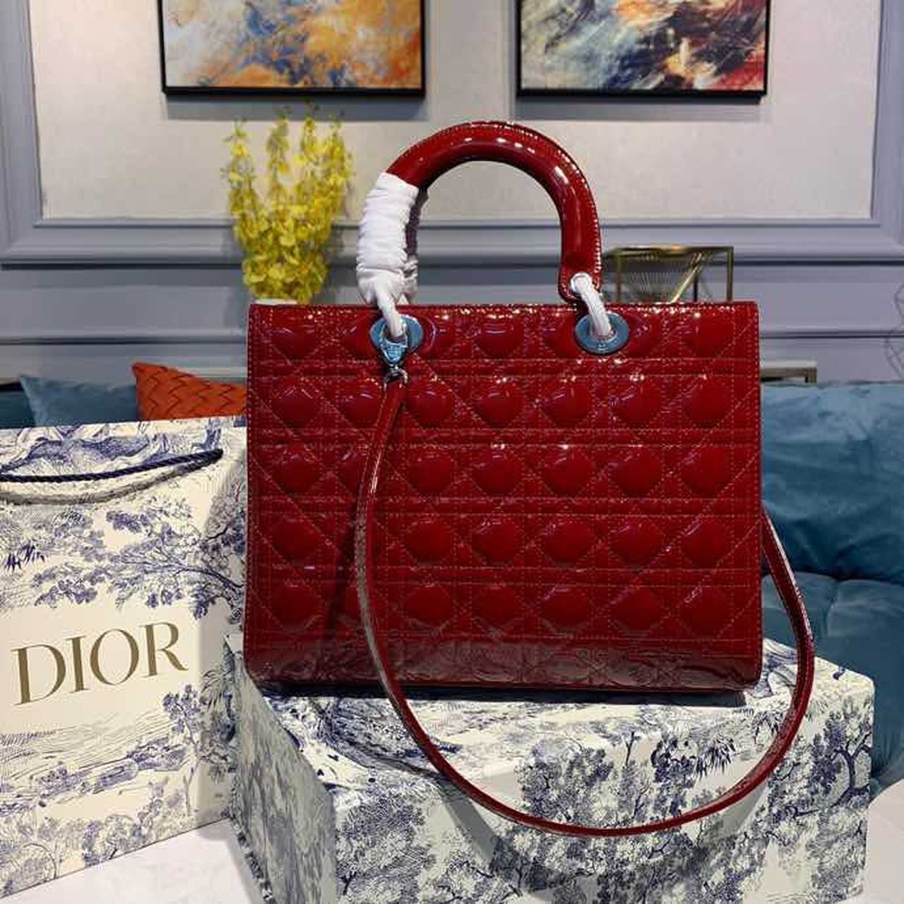 Christian Dior Large Lady Dior Bag Silver Hardware Cherry Red Patent For Women 12.5in/32cm CD1:1High-quality replica