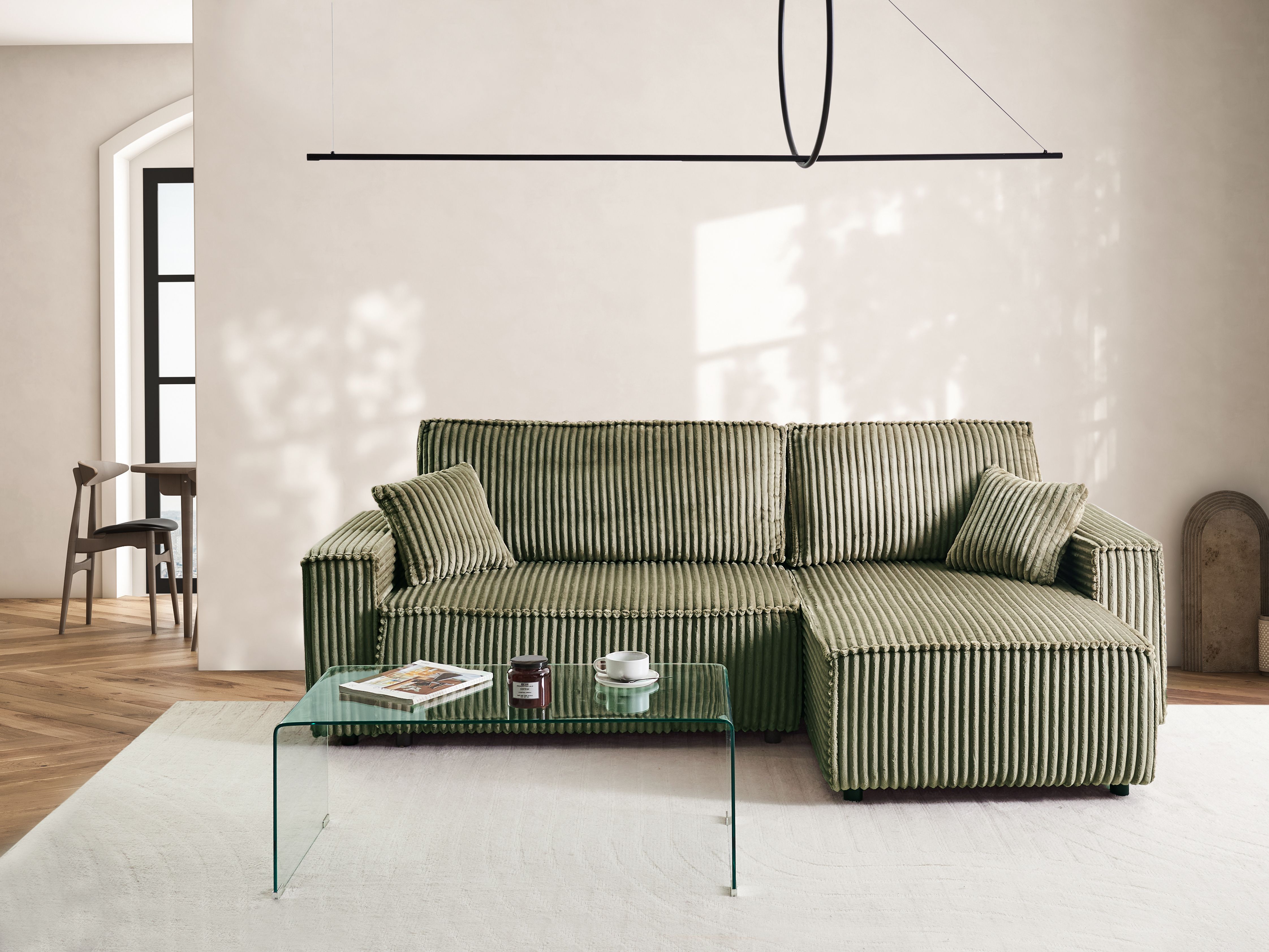 Corner Sofa Bed 3 Seater ABACKA Corduroy Green with Storage Left Hand