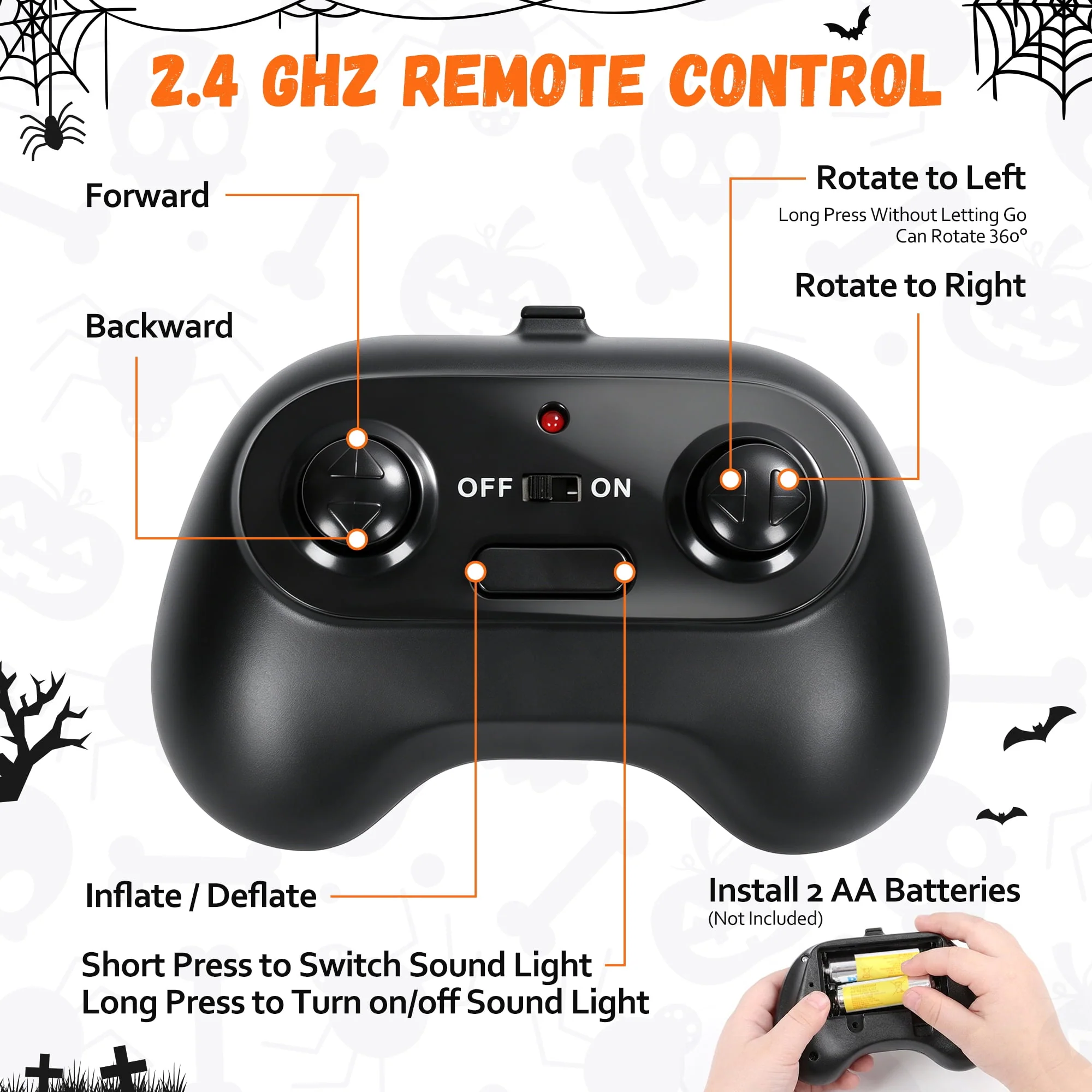 Firstness 2.4GHz Remote Control Car Halloween Inflatable Pumpkin Spider Blow ups Rc Car 360° Rotation, 3 Music and LED Lights, Aged 3+ - Image 11 Firstness 2.4GHz Remote Control Car Halloween Inflatable Pumpkin Spider Blow ups Rc Car 360° Rotation, 3 Music and LED Lights, Aged 3+ - Image 11