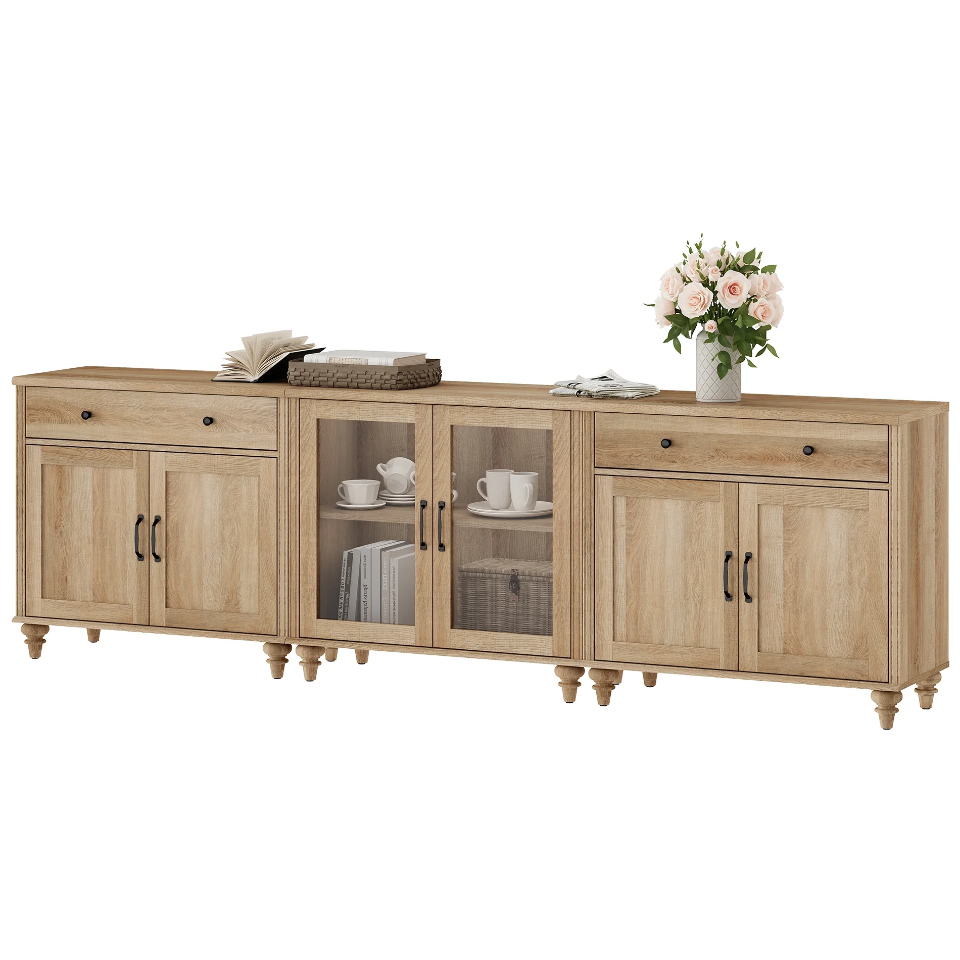 TV Stand for 100 Inch TV, 3-in-1 TV Console Table for 75/80/85/90 Inch TV, Farmhouse Entertainment Center with Glass & Wooden Door, Kitchen Sideboard Buffet Cabinet for Dining Room, Oak - Image 7