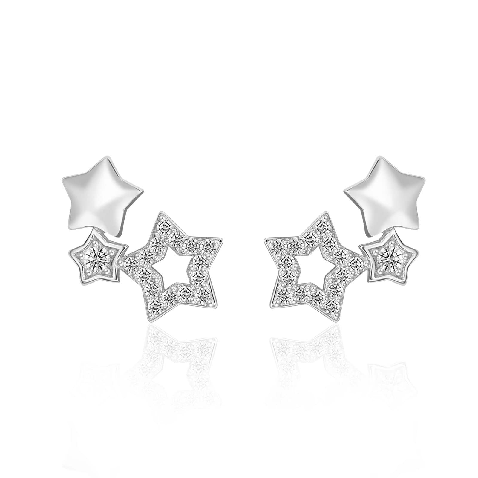 Star Climber Earrings S925 Sterling Silver Triple Star Ear Climber Hypoallergenic CZ Stud Crawler Earrings for Women Teen Girls, Gift boxed