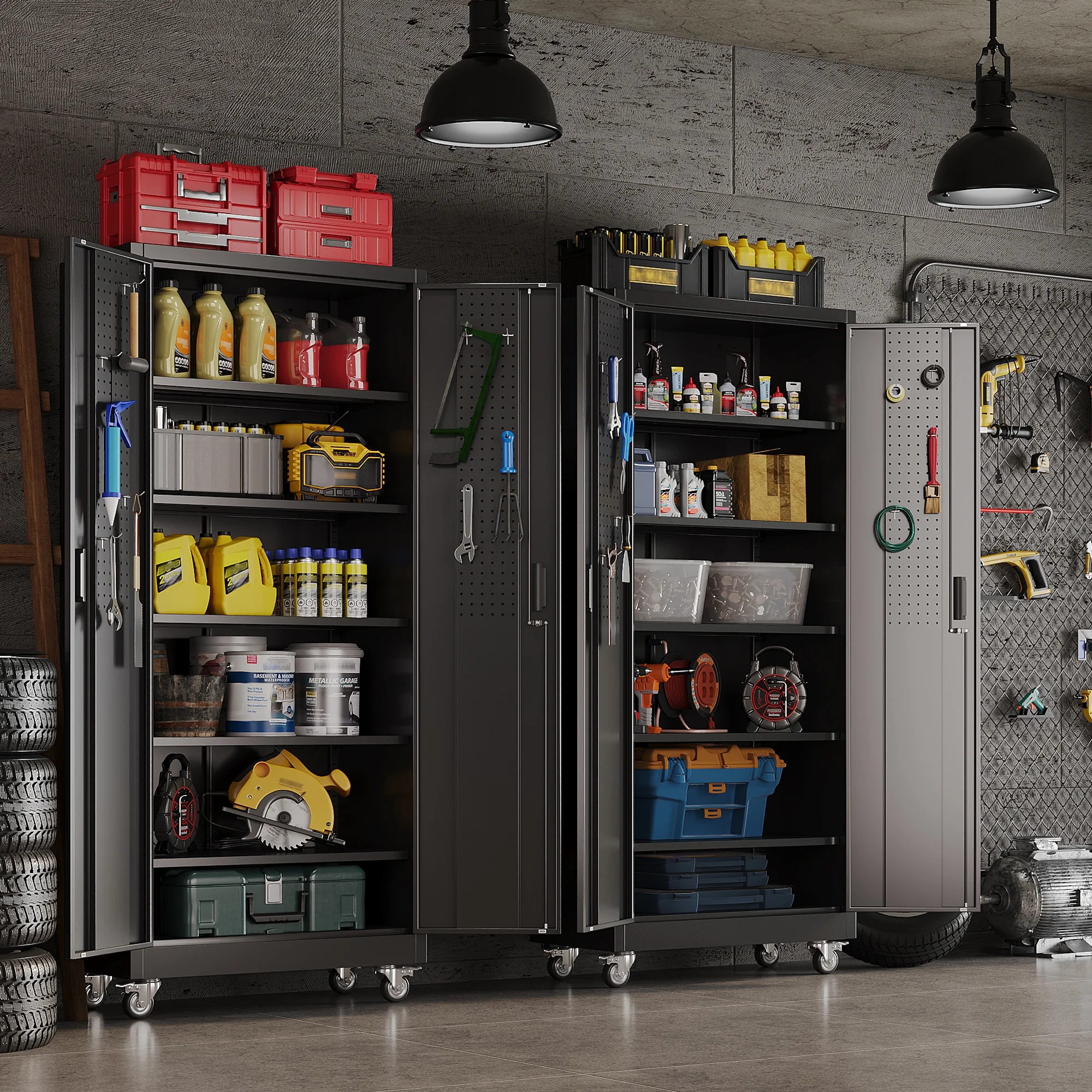 GangMei 71 inches Tall Metal Rolling Garage Storage Cabinets with Locking Doors and 5 Adjustable Shelves, Metal Storage Cabinet for Garage, Office, Home, Classroom, Assemble Required(Black) - Image 8