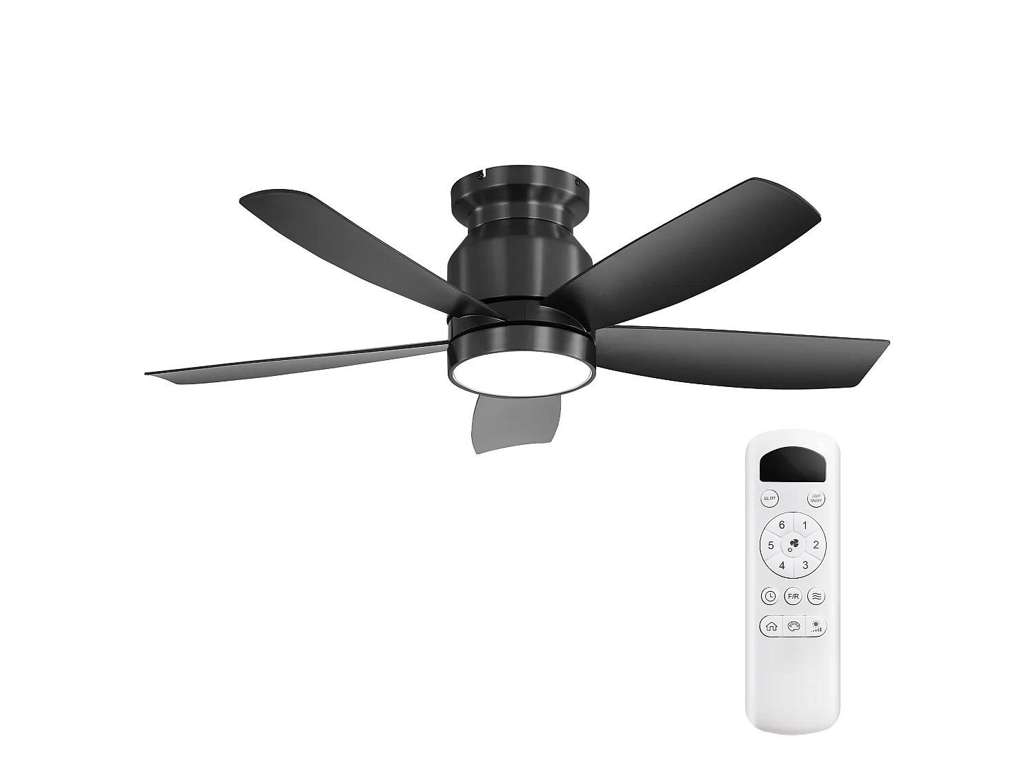 Ventilateur de plafond de 107 cm avec éclairage LED 18 W, télécommande, 5 pales en ABS et 6 vitesses - Noir