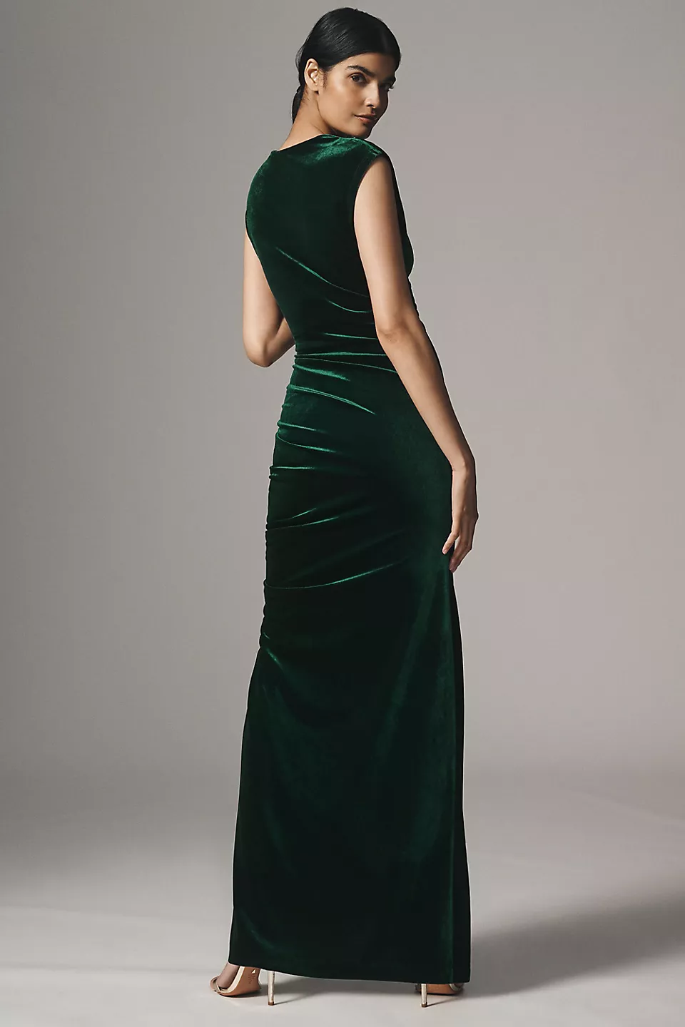 High-Neck Stretch Velvet Maxi Dress - Green
