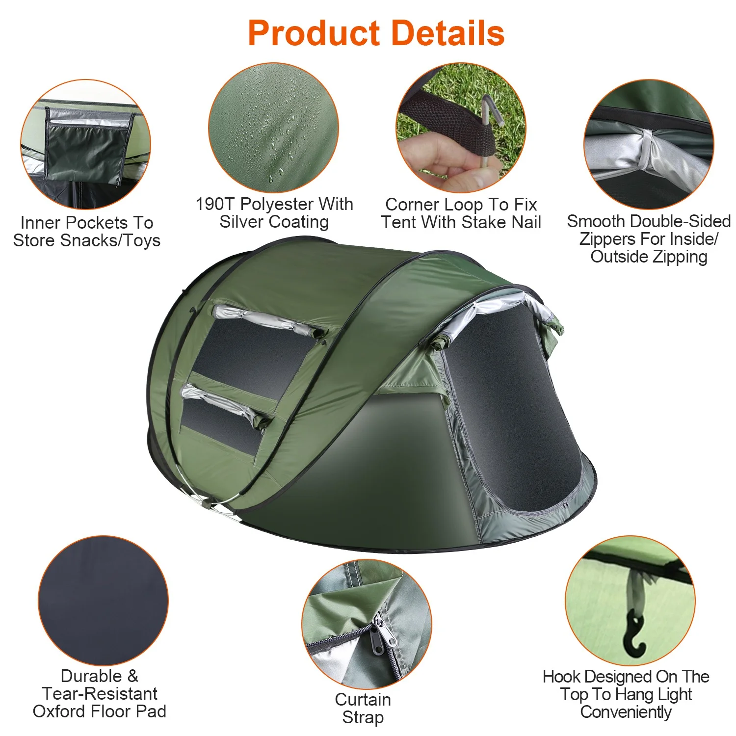 Tcbosik Easy Pop Up Tent for 5-8 Person, Automatic Setup Instant Family Tent with 2 Doors and 4 Mosquito Net Windows, Waterproof Camping Tent with Carry Bag for Hiking & Traveling, Khaki - Image 16