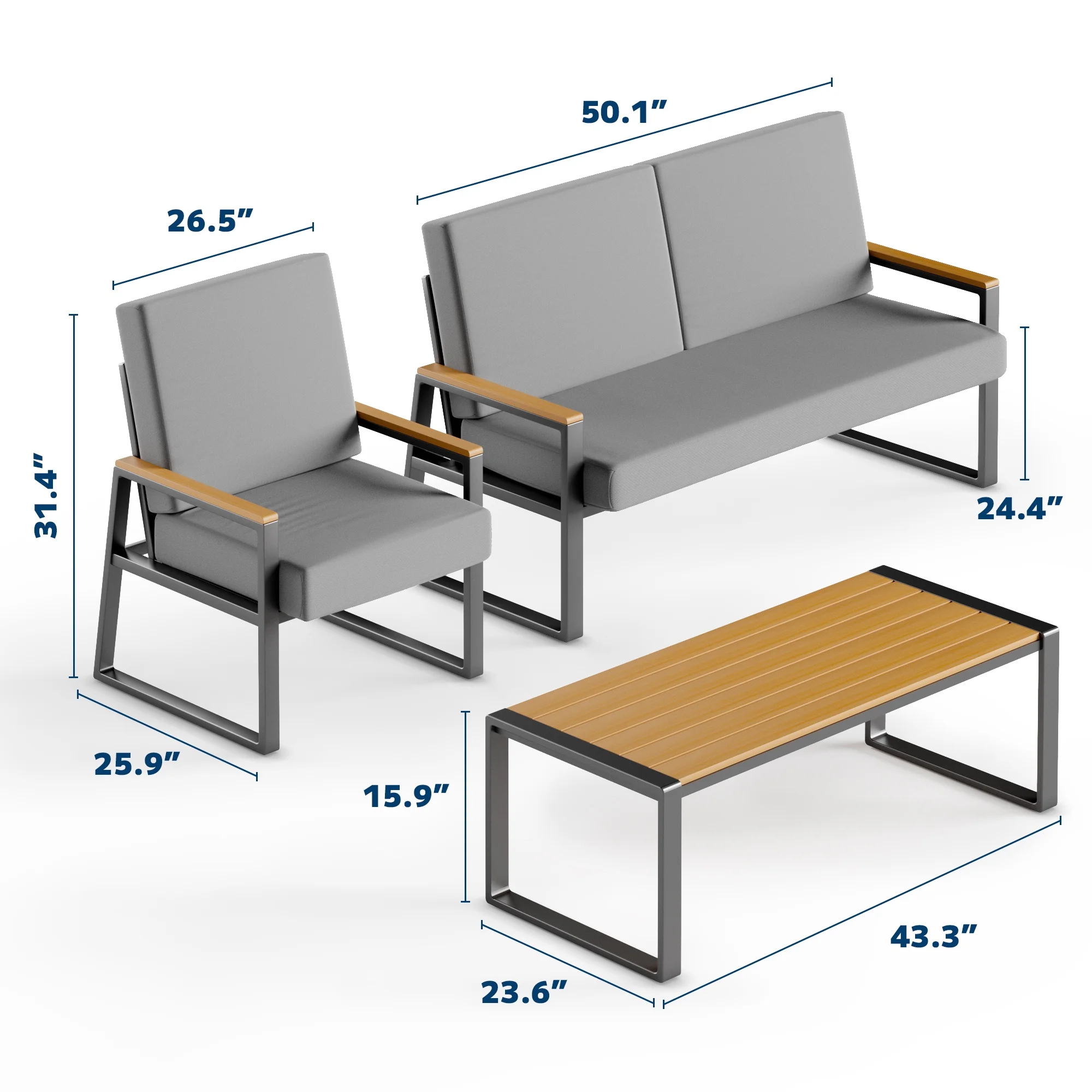 Patio Furniture Set, Asofer 4 Piece Outdoor Chairs with Soft Cushion & Anti-Scald Handle for Porch, Lawn, Yard, Poolside, Gray