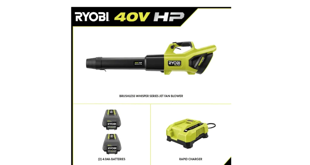 RYOBI 40V HP Brushless Cordless Leaf Blower, 730 CFM, 190 MPH, 2x 4.0 Ah Batteries And Charger - Image 2 RYOBI 40V HP Brushless Cordless Leaf Blower, 730 CFM, 190 MPH, 2x 4.0 Ah Batteries And Charger - Image 2