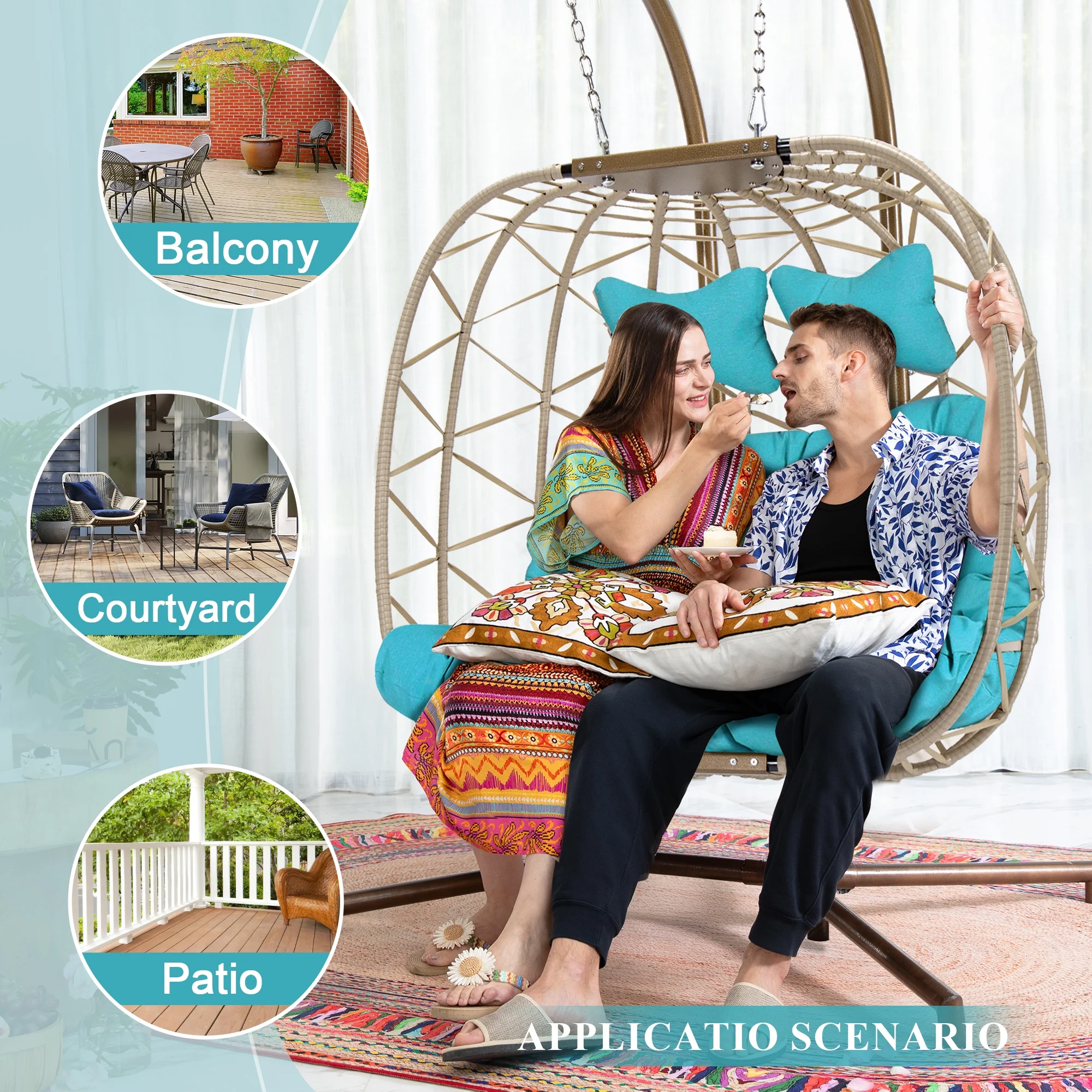 RADIATA Double Wicker Egg Swing Chair with Stand, 2-Person Hanging Egg Chair for Indoor/Outdoor, 700lbs Capacity, Thick Cushions & Headrest,Sturdy Metal Frame��Dark Gray - Image 20