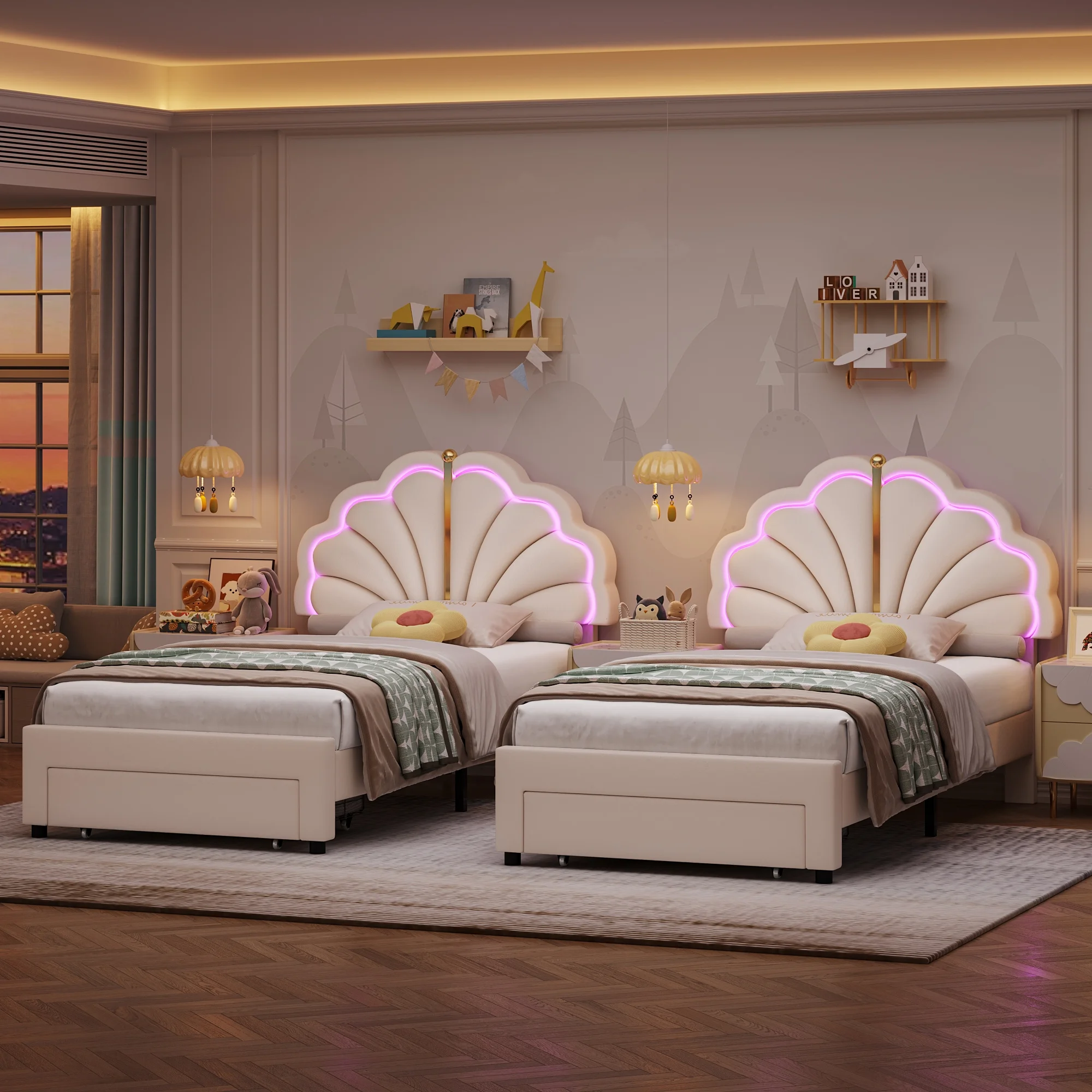 Hiphuta Full Upholstered LED Bed Frame with Storage Drawers, Platform Bed with Adjustable Cute Headboard, Velvet White