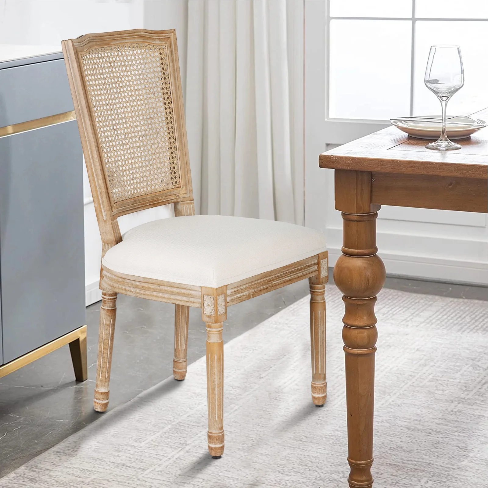 French Dining Chairs Set of 2 Beige Natural Fabric Round Back with Solid Wood Legs and Frame for Bedroom Dining Room Kitchen - Image 17