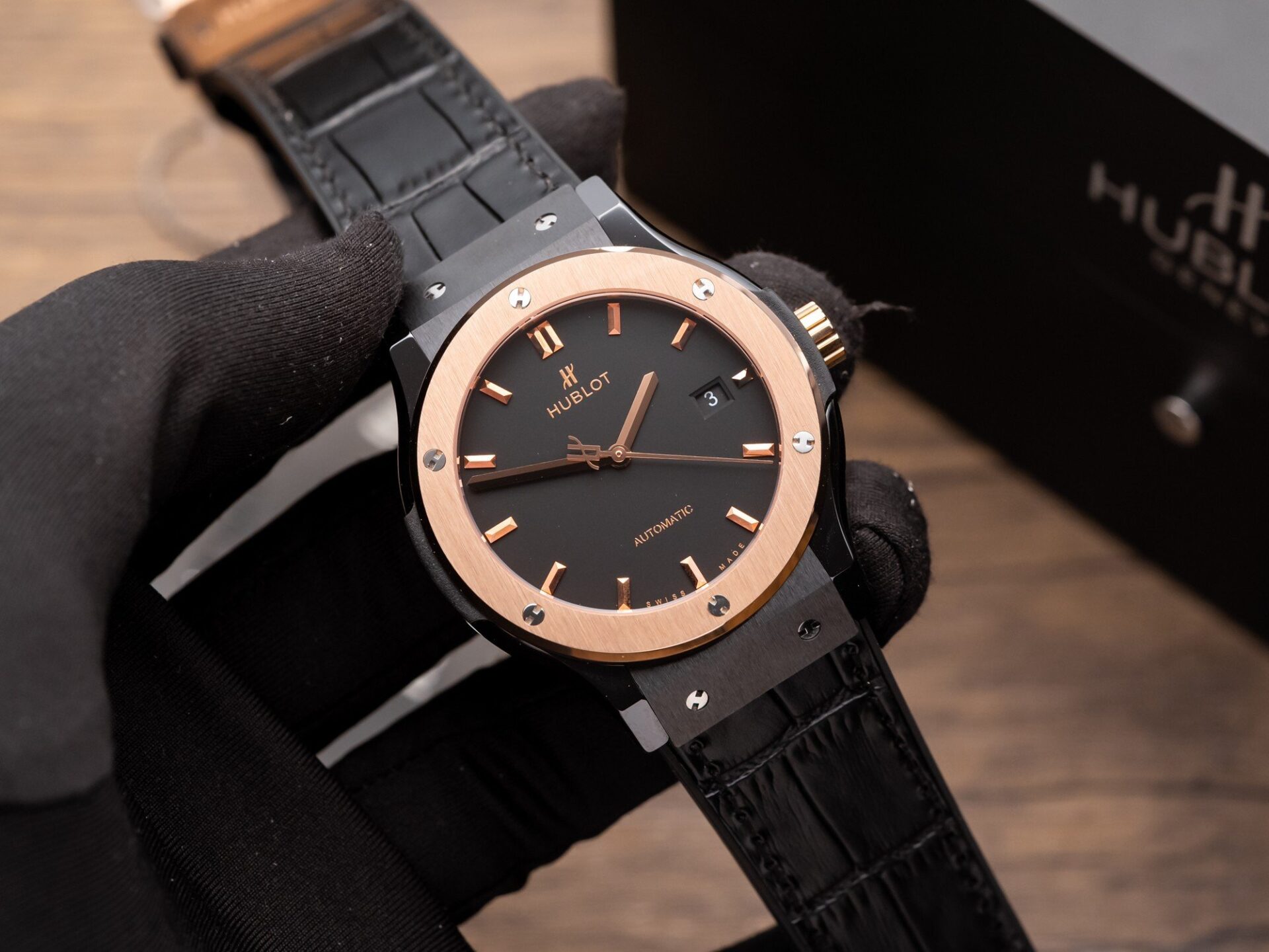 Hublot Classic Fusion Ceramic Demi Rose Replica Watch Leather Strap GSF 42mm - Elite Watch Atelier