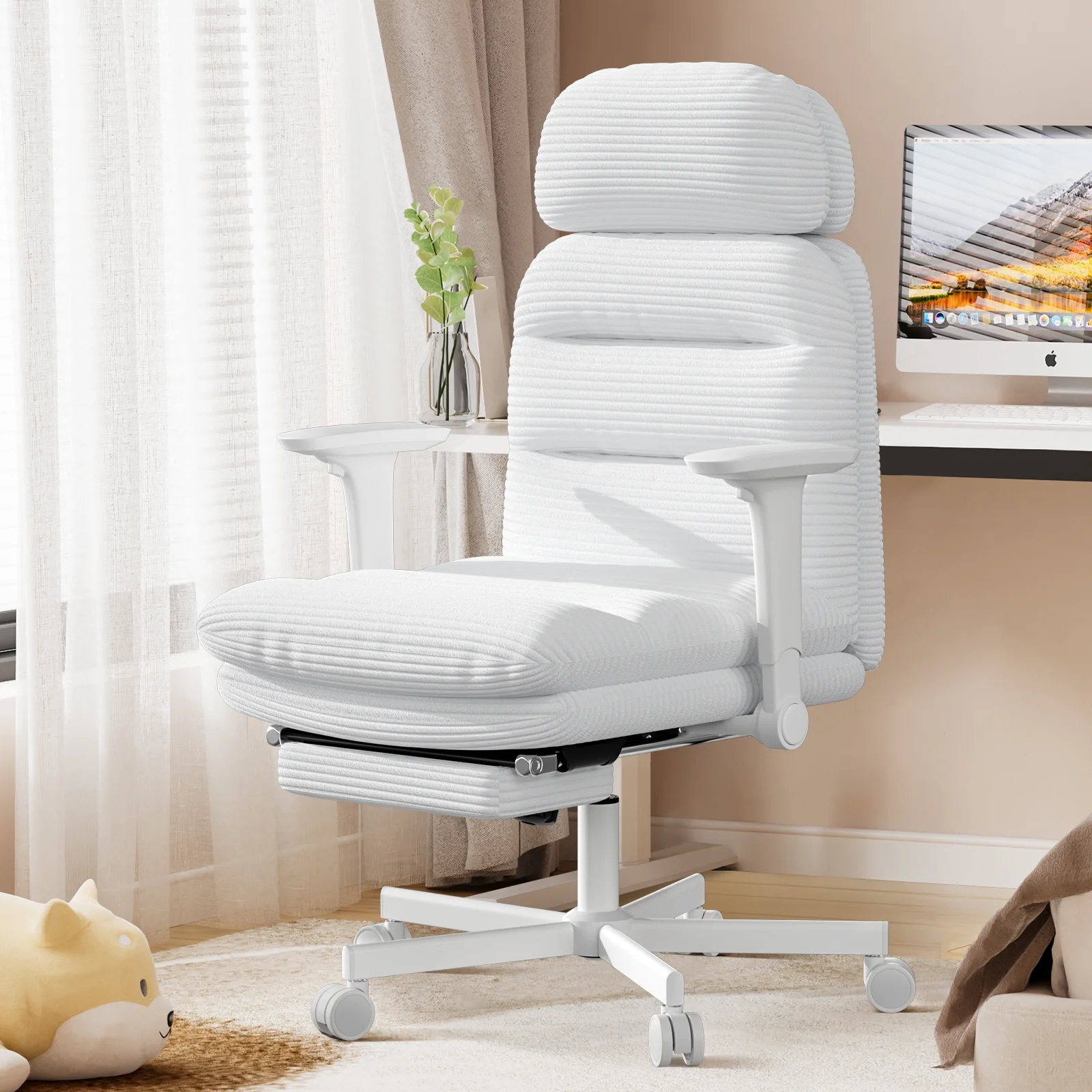 HomeZeer Ergonomic Cross-Legged Office Chair with Footrest & Headrest, Heavy Duty Executive Desk Chair with Flip-up Armrests, Corduroy Fabric Computer Criss Cross Chair for Home Office, Black - Image 24