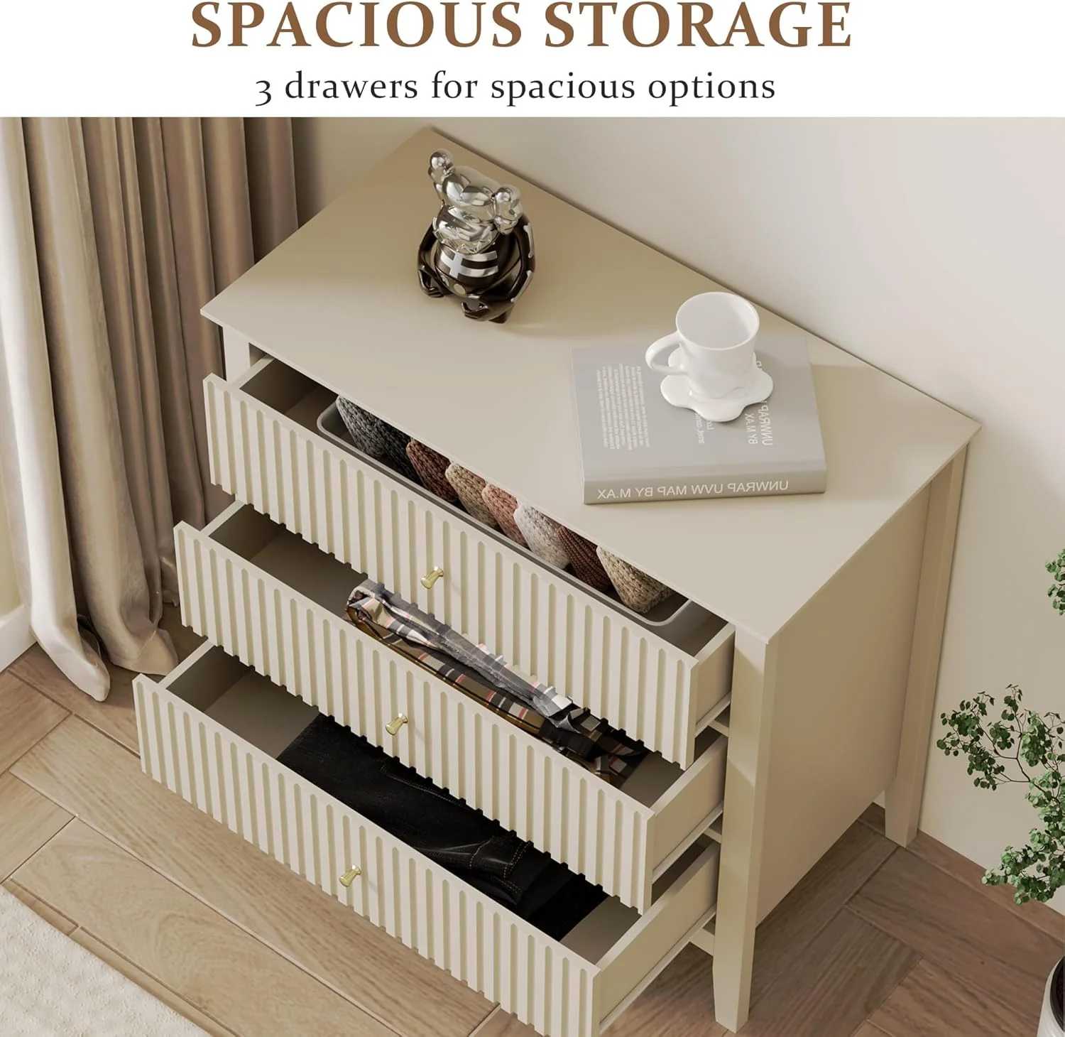Heynemo Beige 6 Drawer Dresser, Fluted Modern Wood Chest - Image 73