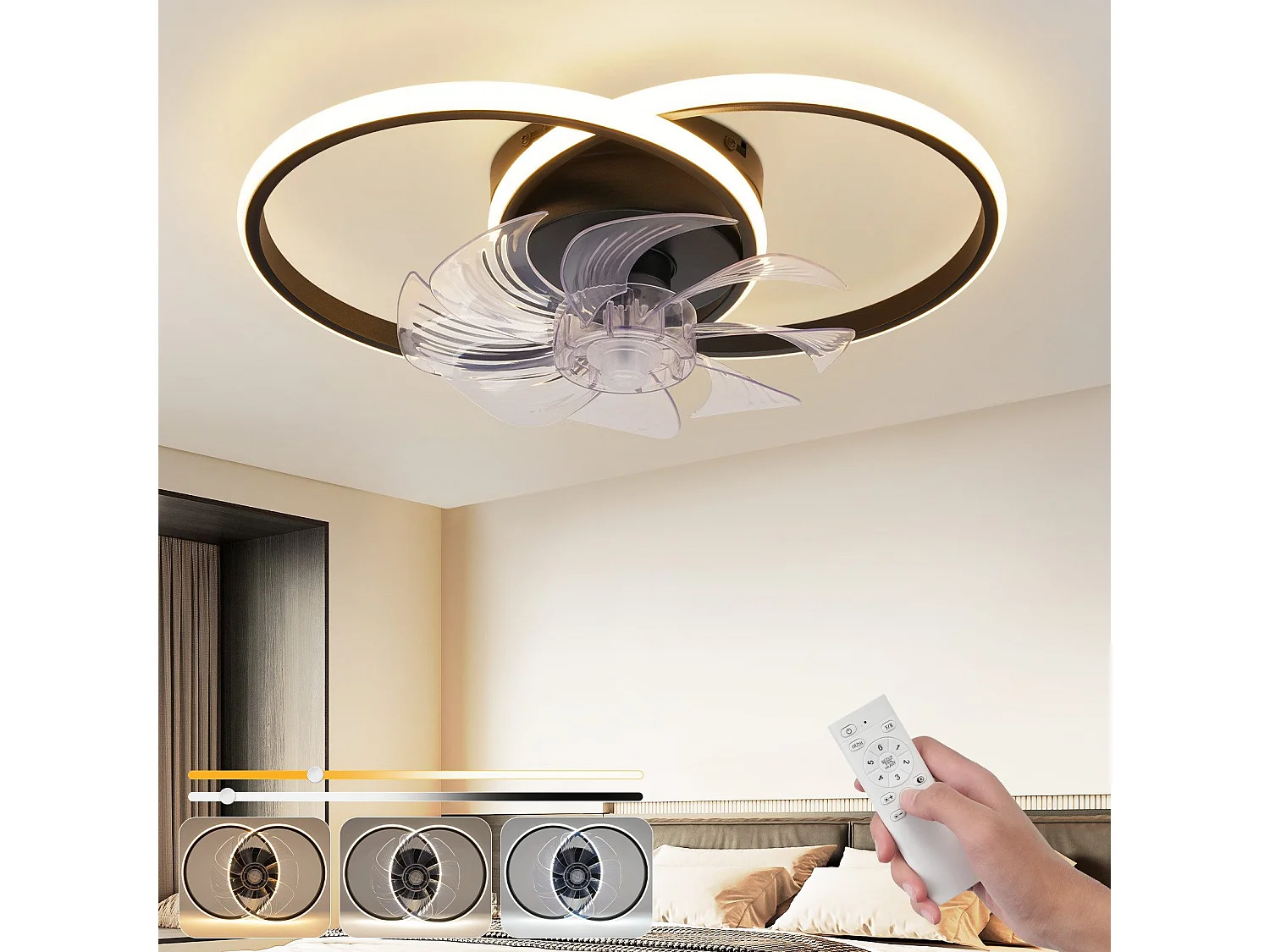 NETTLIFE Ventilateur de Plafond LED 36W Silencieux Noir, Dimmable 3 Couleurs, 6 Vitesses avec Télécommande, Luminaire pour Salon Chambre Cuisine