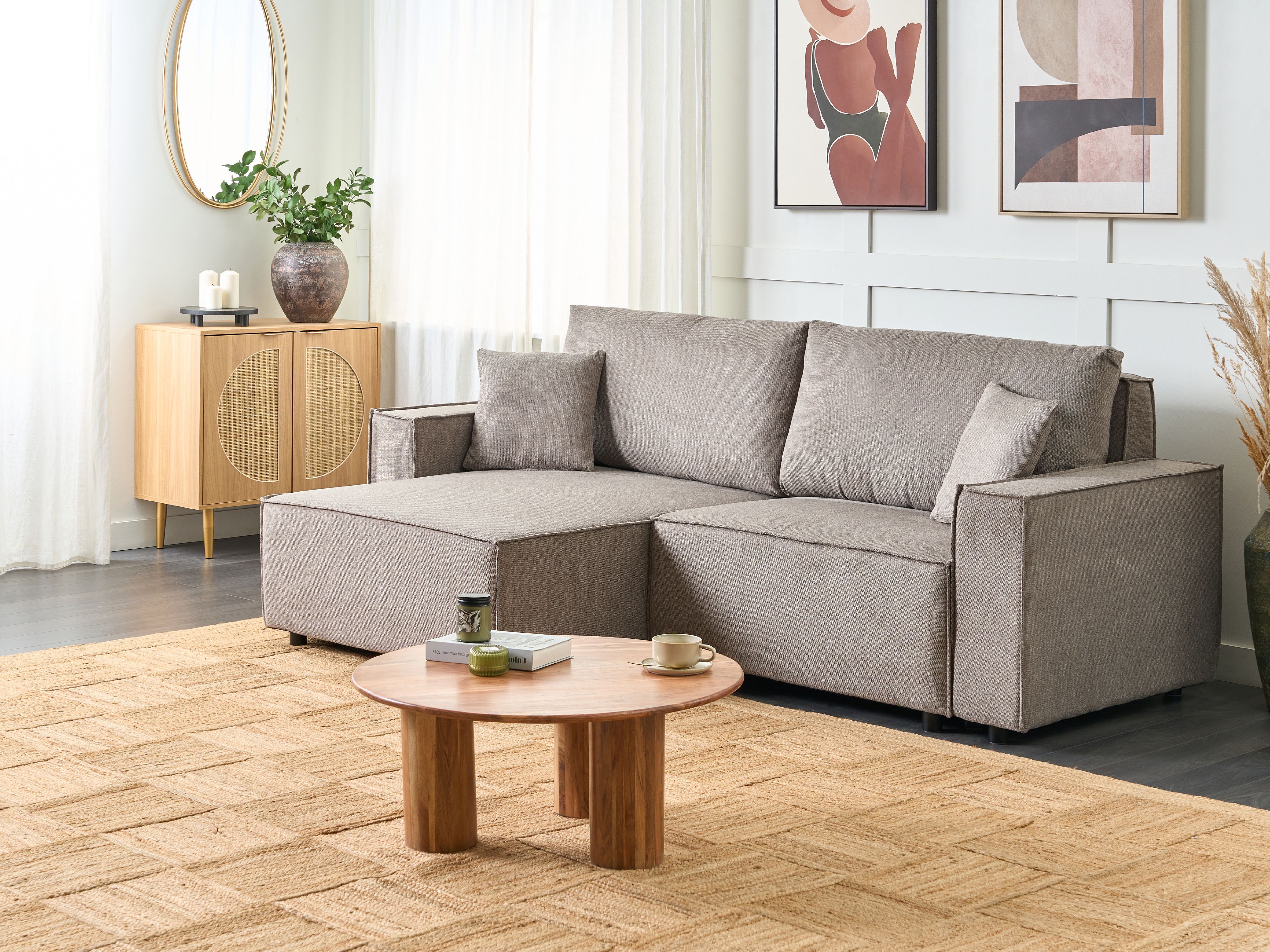 Corner Sofa Bed 3 Seater KARILA Fabric Taupe with Storage Right Hand