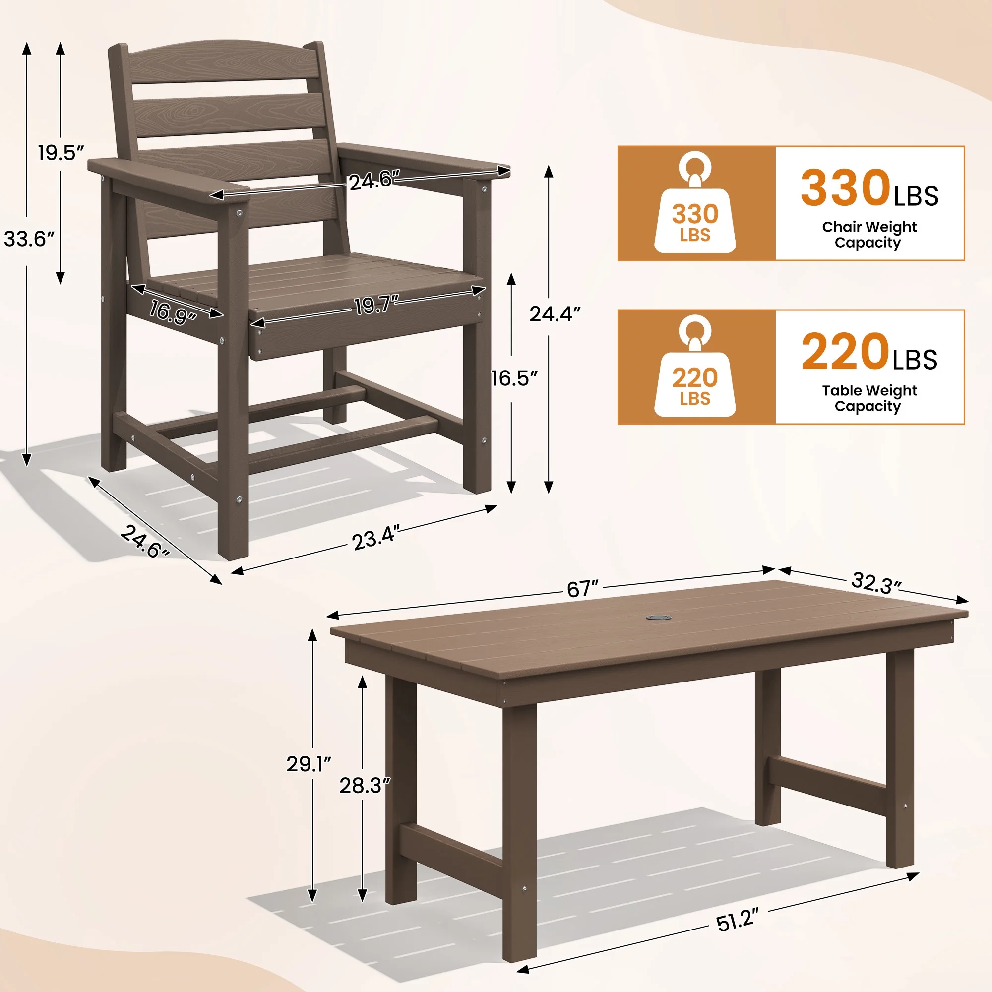KINGYES 7-Piece Outdoor Dining Set, HDPE Patio Table and Chairs with Umbrella Hole, Gray - Image 57
