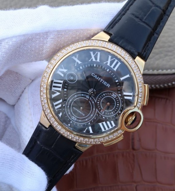 Replica Cartier Ballon Bleu De Cartier Chrono YG Black Dial Diamonds Bezel A8101 - Elite Watch Atelier