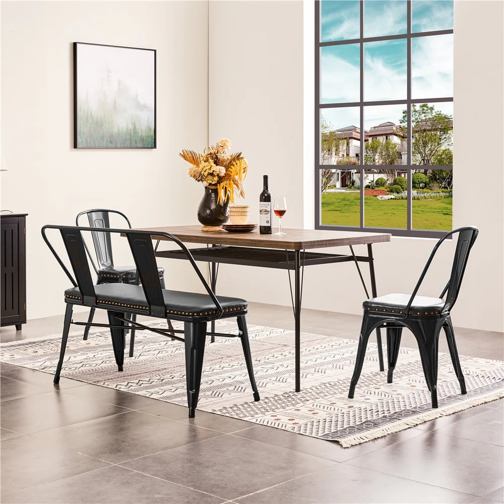 Topeakmart Industrial Upholstered Metal Dining Bench with Removable Backrest, Black