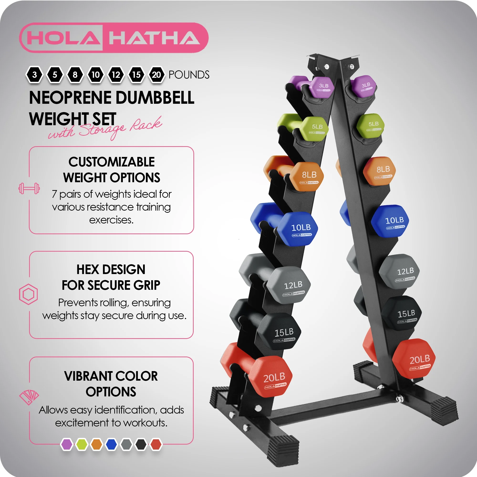 HolaHatha Neoprene Dumbbell Weight Set with Rack (Black), 112.5 lb - Image 24