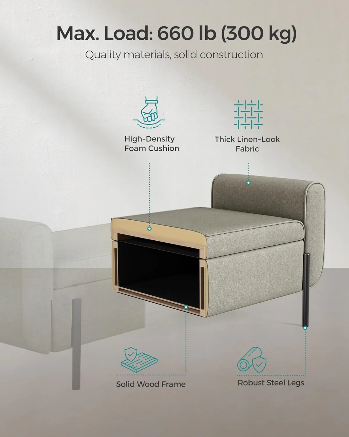 SONGMICS 46.5" Storage Ottoman Bench Storage Bench Bedroom Bench 330lb Load Capacity Solid Wood Legs Light Gray - Image 36