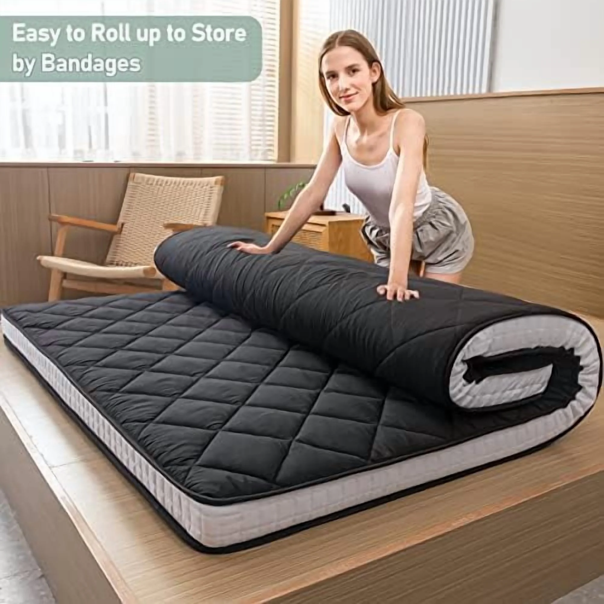 Japanese Floor Futon Mattress King Size, Floor Bed for Adults, Roll Up Folding Mattress, Diamond Patterned Japanese Futon Bed, Dark Grey - Image 6