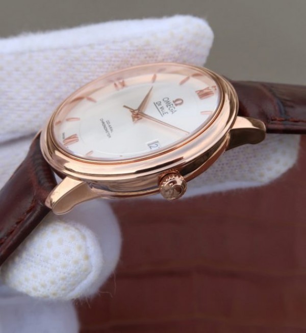 Replica Omega V6 De Ville 37mm RG White Dial RG Markers Leather Strap A2892 - Top club