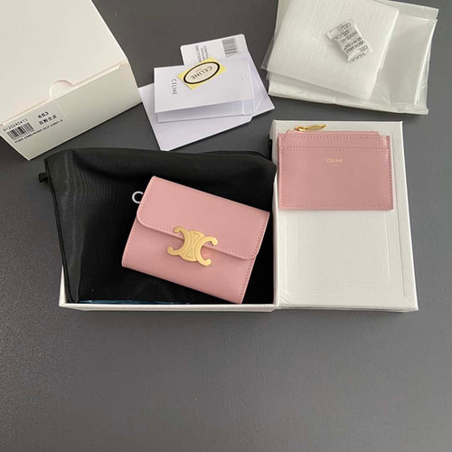 Celine TRIOMPHE shiny leather short wallet pink