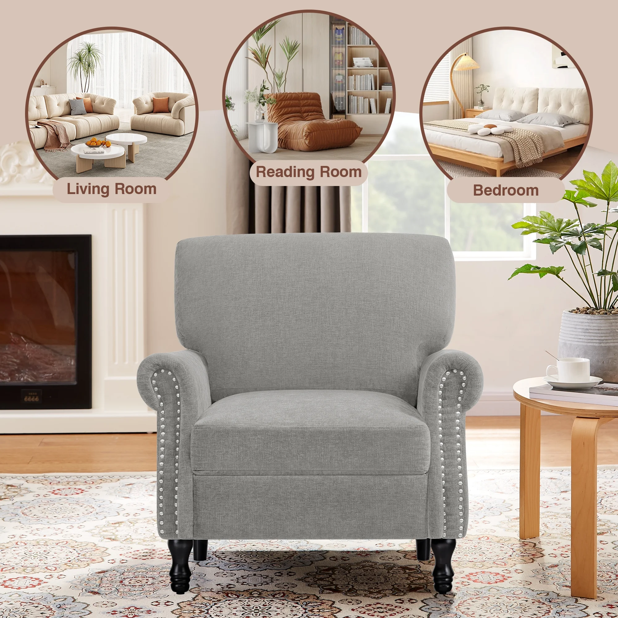COOLHUT Modern Accent Chair Armchair, Linen Fabric Upholstered Comfy Single Sofa with Solid Wood Frame for Living Room, Gray - Image 8