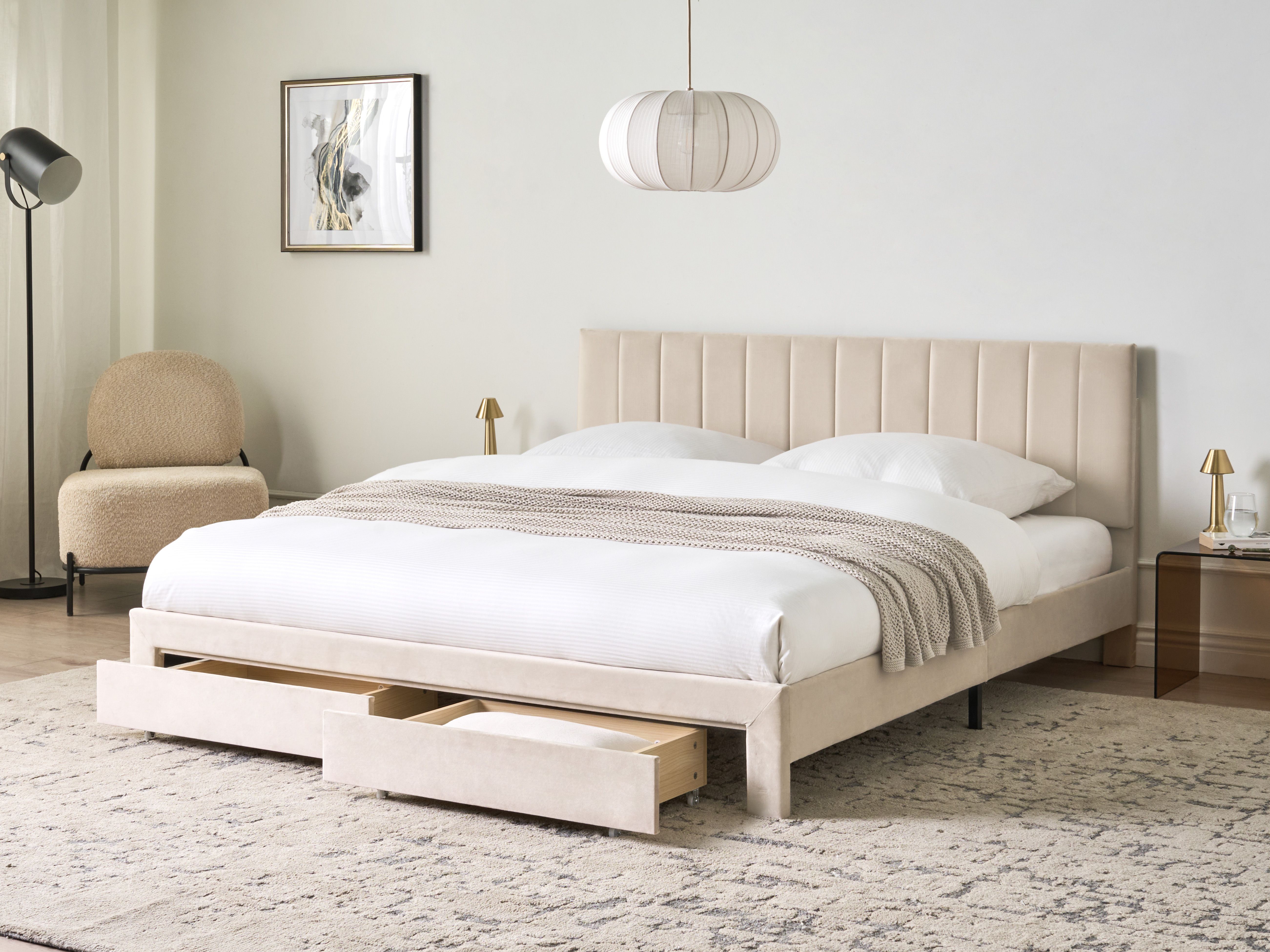 Bed with Storage Drawers Velvet LONZAC 180 x 200 cm (EU Super King) Beige