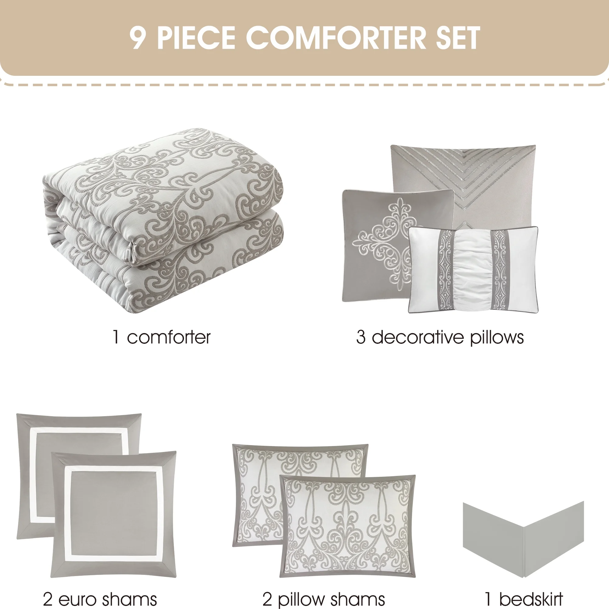 Lanco Smoke Grey Comforter Set California King Size, 9 Piece Jacquard Floral Bedding Set, All Season, Ultra-Soft, Matching Pillows & Shams, Bed Skirt - Image 6