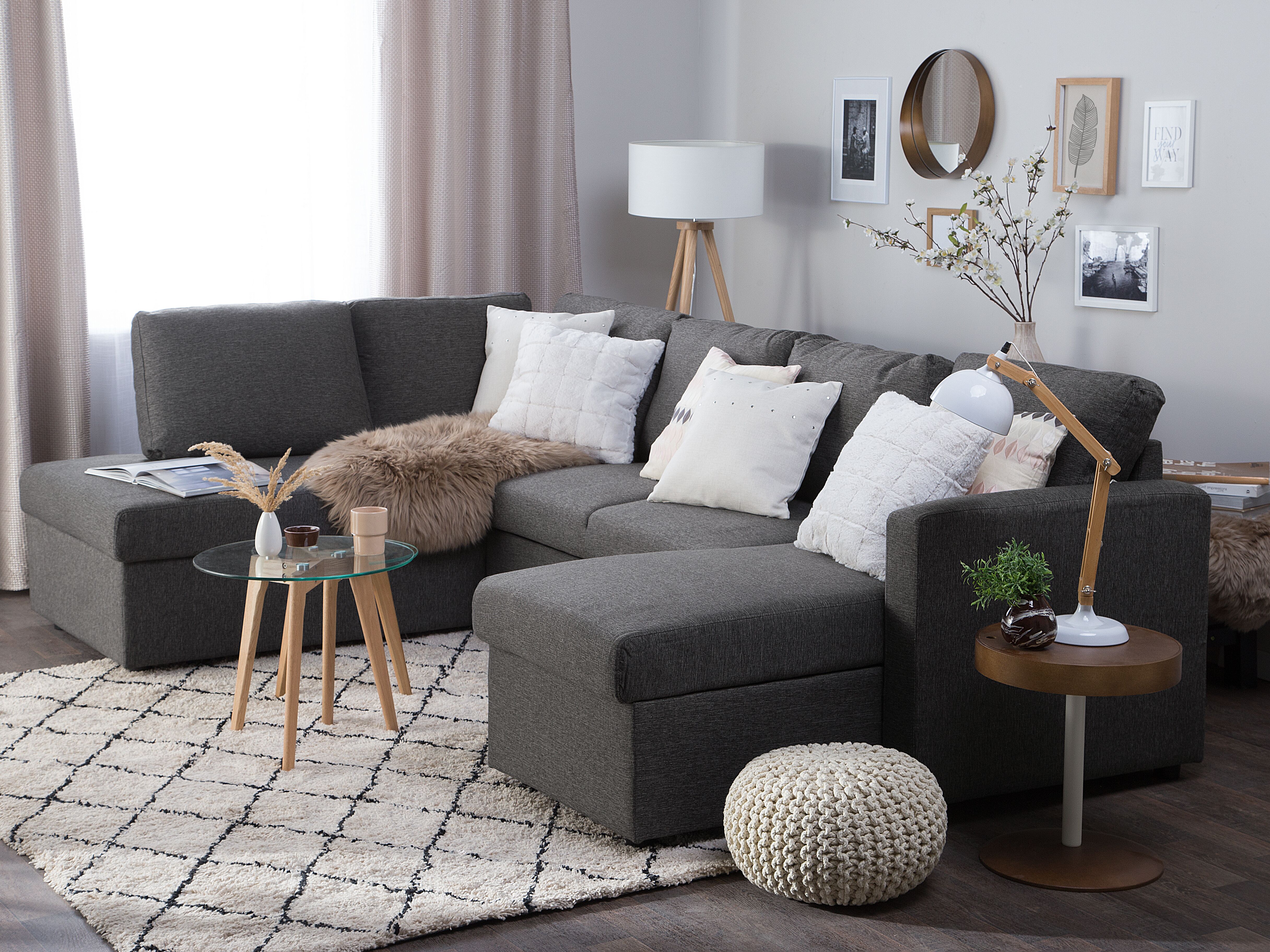 U-Shape Sofa Bed 5 Seater KARRABO Fabric Dark Grey with Storage