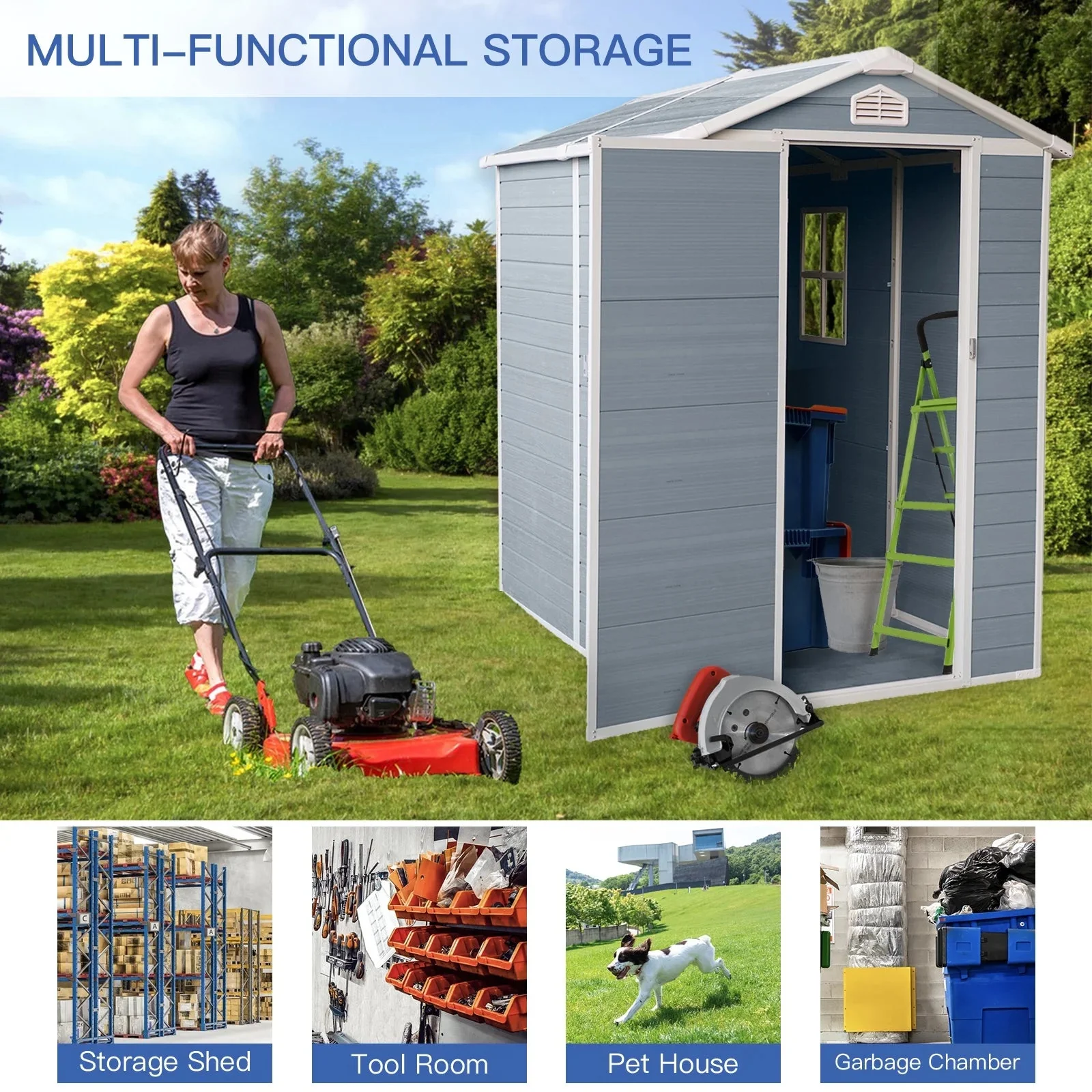 Seizeen Outdoor Resin Storage Shed, 41 Cu. Ft. / 306 Gal, Gray, 3 Doors With Floor - Image 31 Seizeen Outdoor Resin Storage Shed, 41 Cu. Ft. / 306 Gal, Gray, 3 Doors With Floor - Image 31