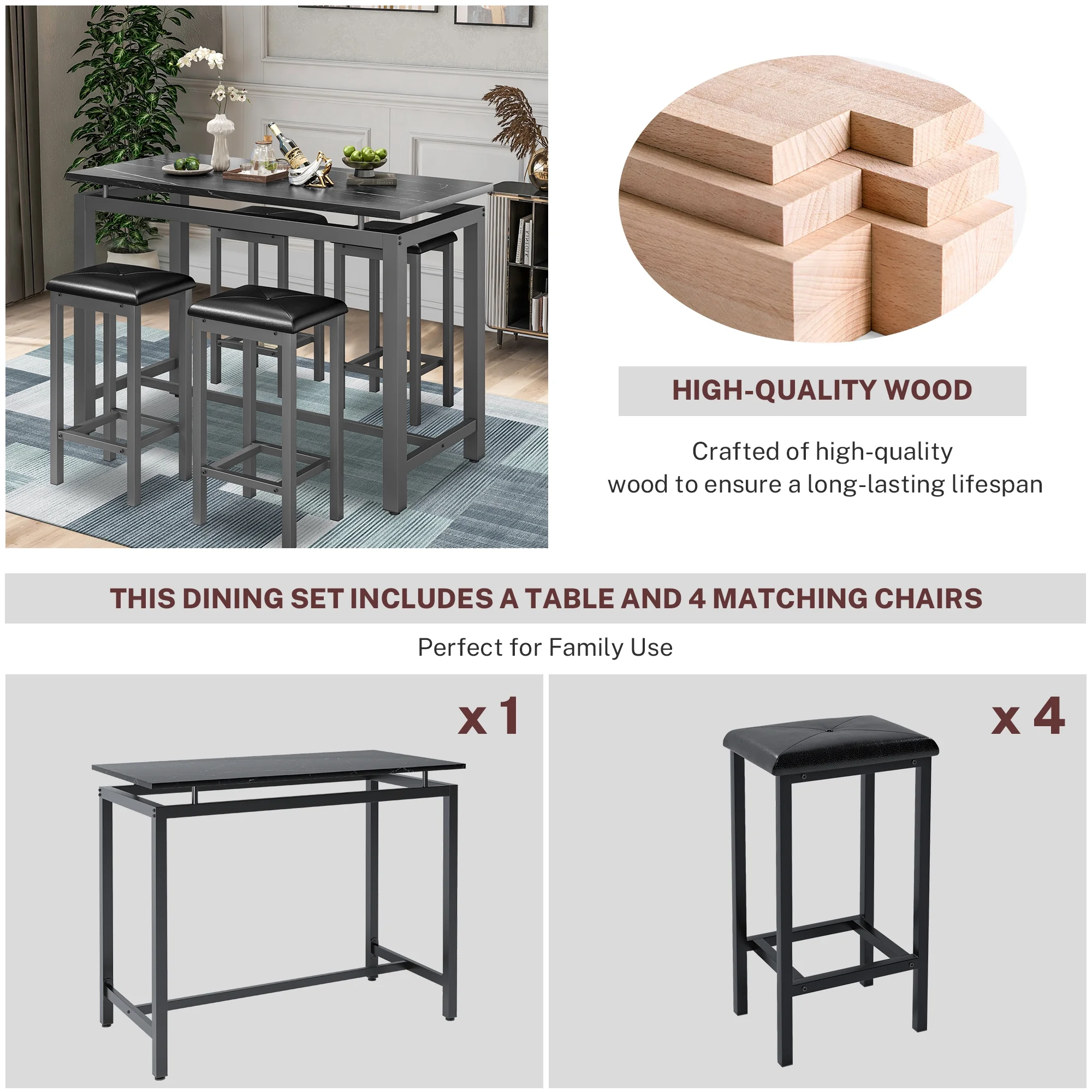 5 Piece Dining Set, Modern Dining Table and Chairs Set for 4, Counter Height Bar Table Set, Modern Pub Table with 4 Velvet Fabric Cushioned Stools, Faux Marble Dining Table & Stools Set, D9297 - Image 31