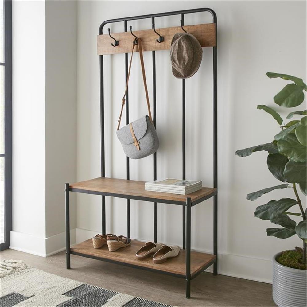 Bowery Hill Modern Black Metal Hall Tree in Warm Honey Finish
