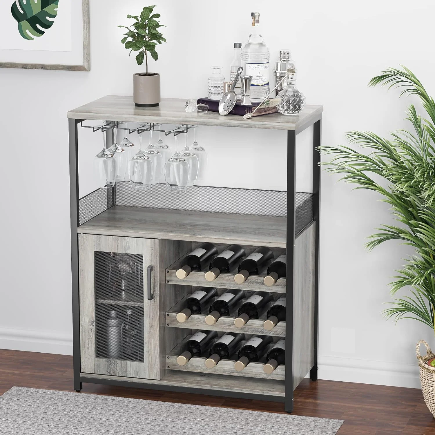Homhougo Wine Bar Cabinet with Removable Wine Racks and 1 Drawer,Bar Cabinet with Glass Holder and Mesh Door for Liquor and Glasses (Grey)