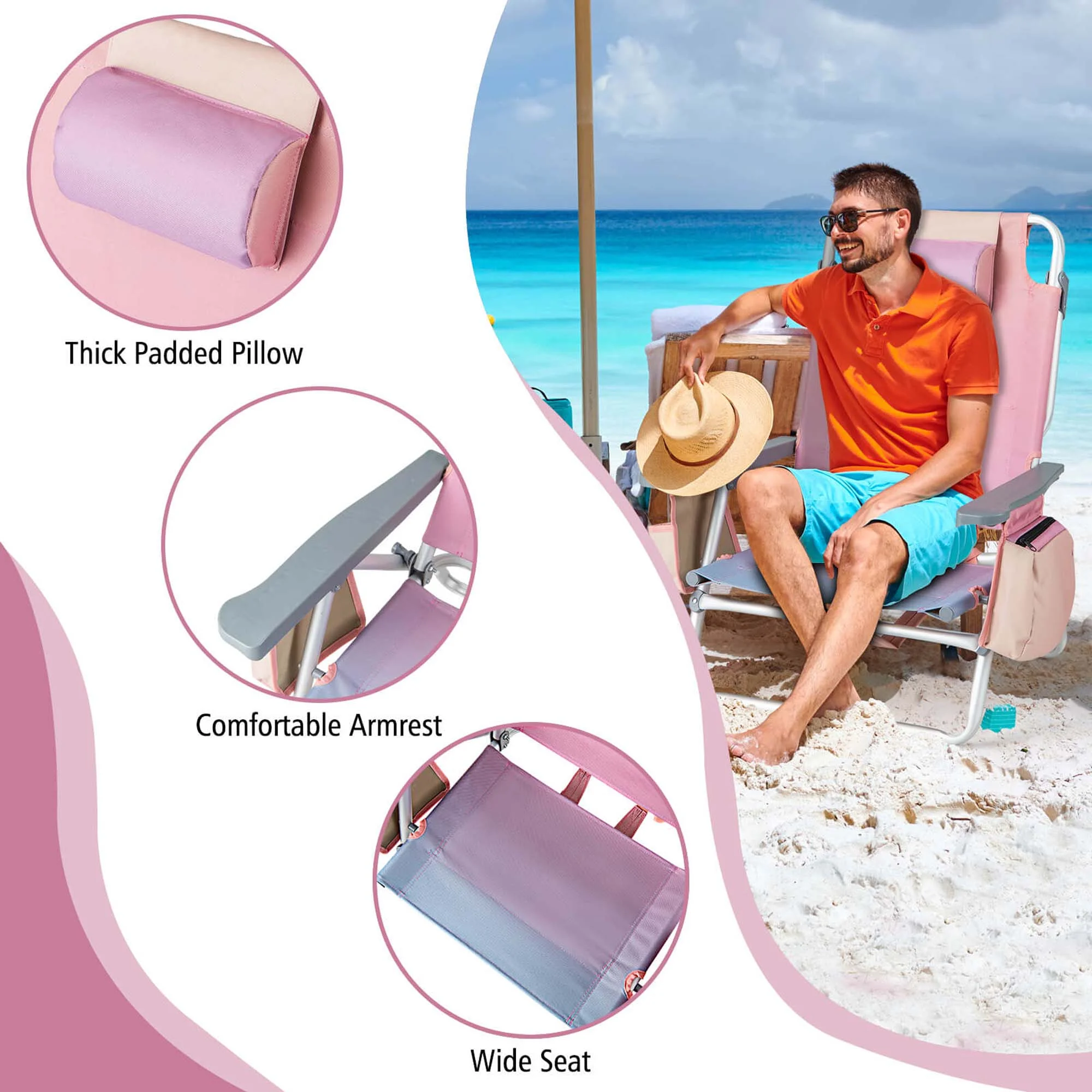Costway 2-Pack Folding Backpack Beach Chair Table Set 5-Position Outdoor Reclining Chair Pink - Image 14