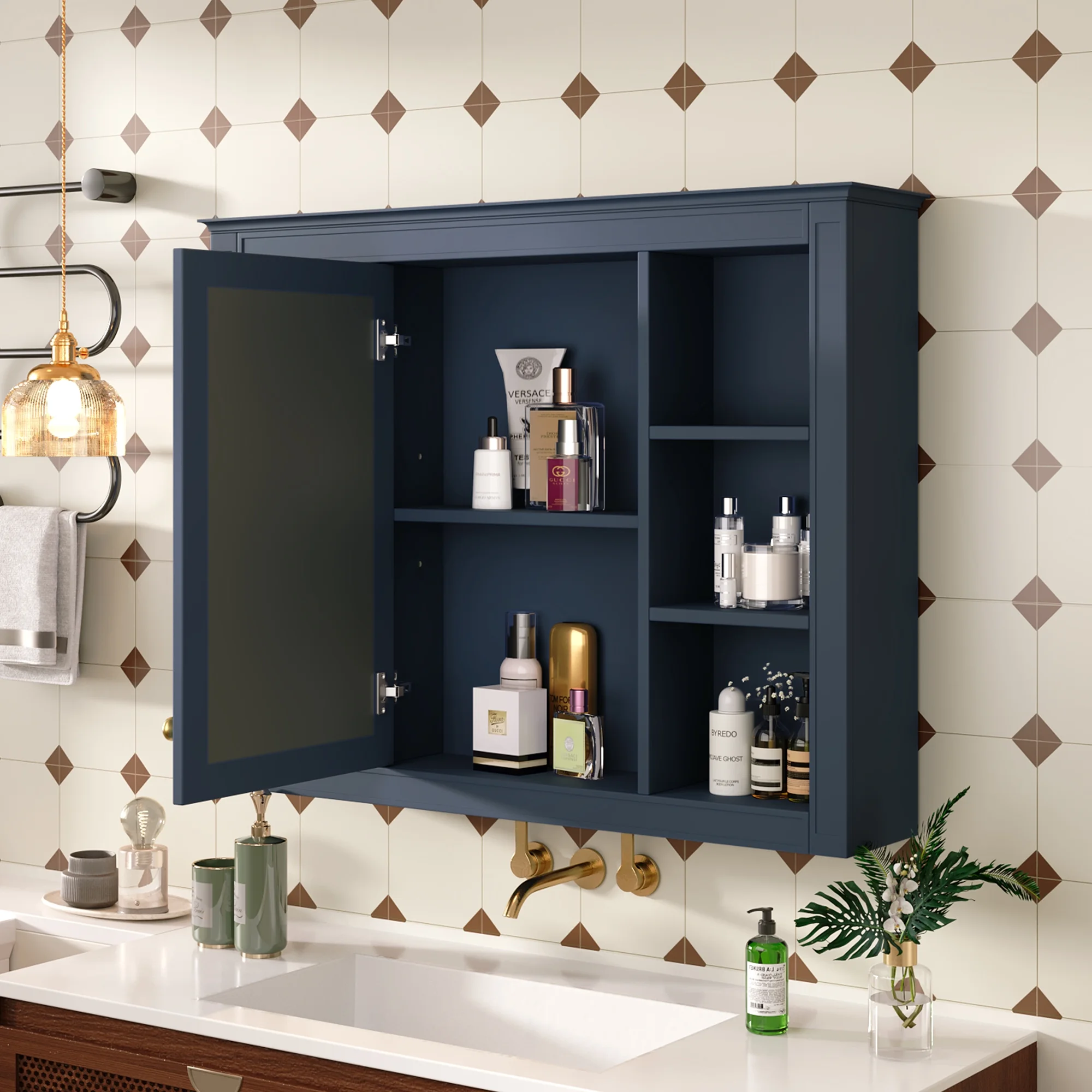 Euroco Wall Mounted Bathroom Mirror Cabinet �?Triple Door Vanity Storage with Concealed Shelves, Modern Design, Durable Construction, Easy Assembly