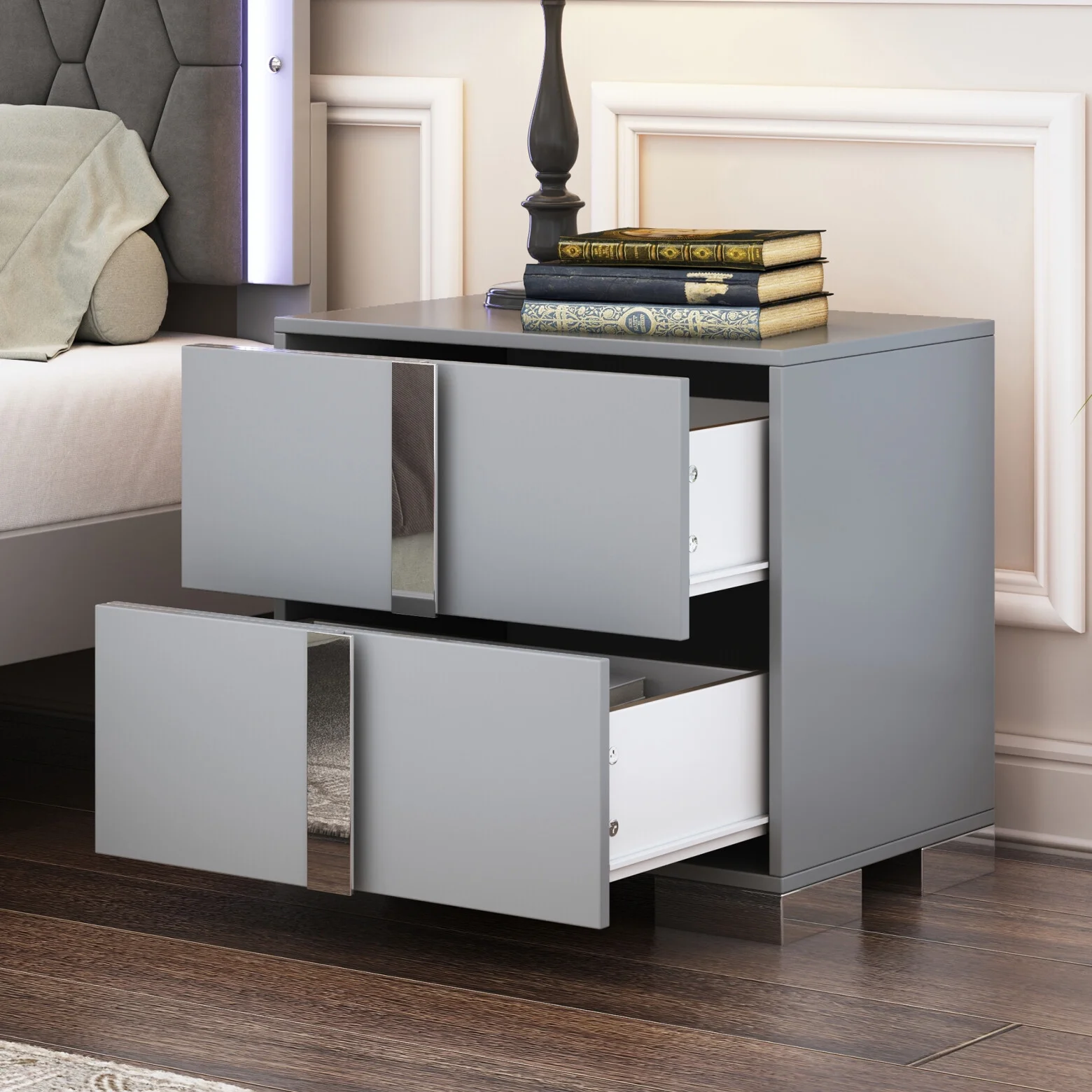 Elegant Nightstand with Metal Handle, Mirrored Bedside Table with 2 Drawers for Bedroom, Living Room, End Sofa Side Table for Living Room, Office, White - Image 20