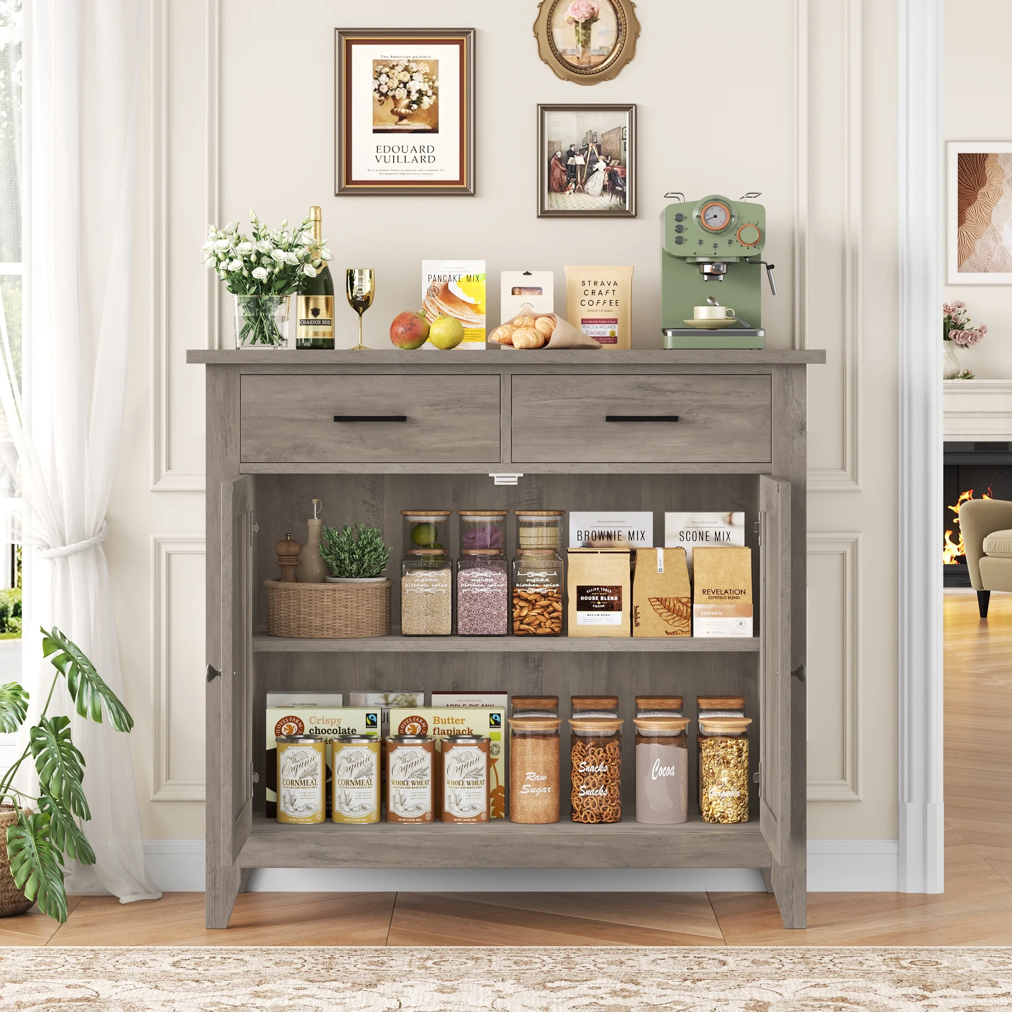 Homfa Entryway Cabinet, Kitchen Storage Cabinet, Farmhouse Buffet Sideboard with 2 Drawers and 2 Doors,Coffee Bar with Storage for Dining Room Living Room,White - Image 36