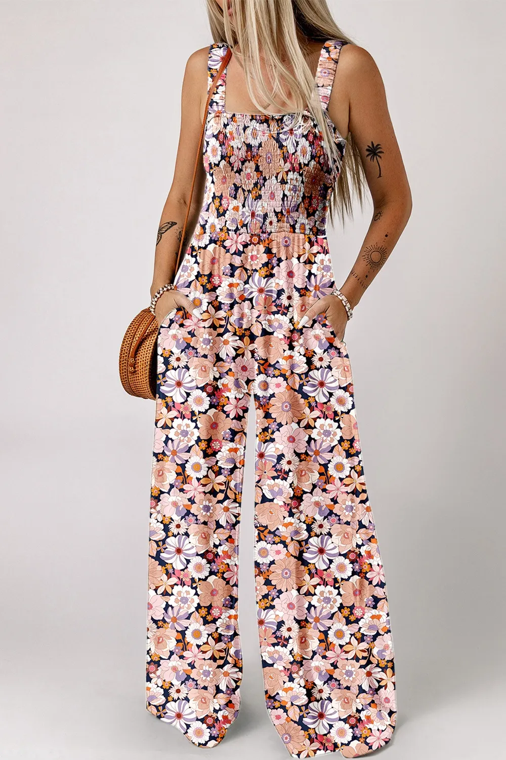 Floral Print Smocked High Waist Square Neck Jumpsuit - ZKZOOK